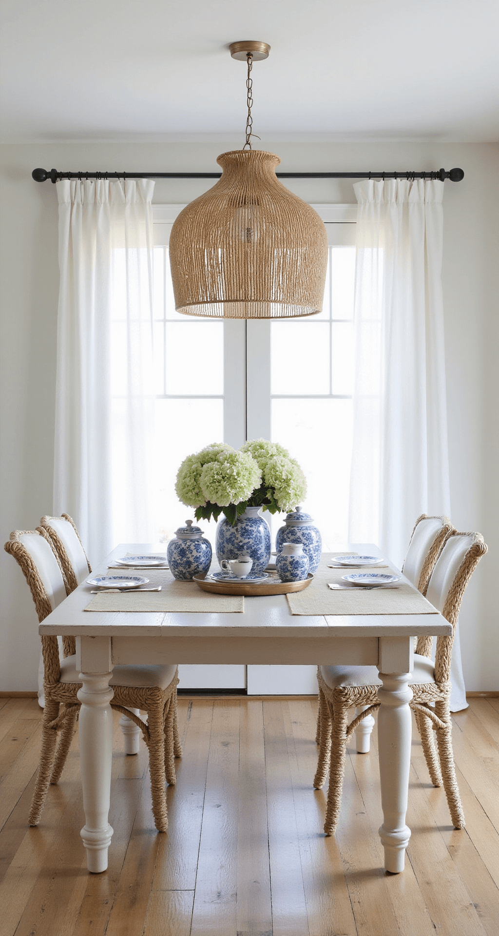 A minimalist coastal dining room featuring a whitewashed oak table with rope-wrapped chairs, an oversized seagrass pendant light, blue-and-white ginger jars, and fresh hydrangeas, all illuminated by bright daylight filtering through sheer white curtains.
