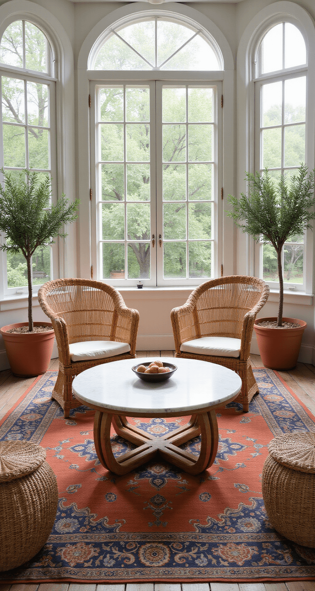A sunlit Mediterranean lounge featuring two curved rattan peacock chairs flanking a round marble coffee table, set on a faded Persian rug, with terracotta pots of olive trees in the corners and woven baskets for storage.