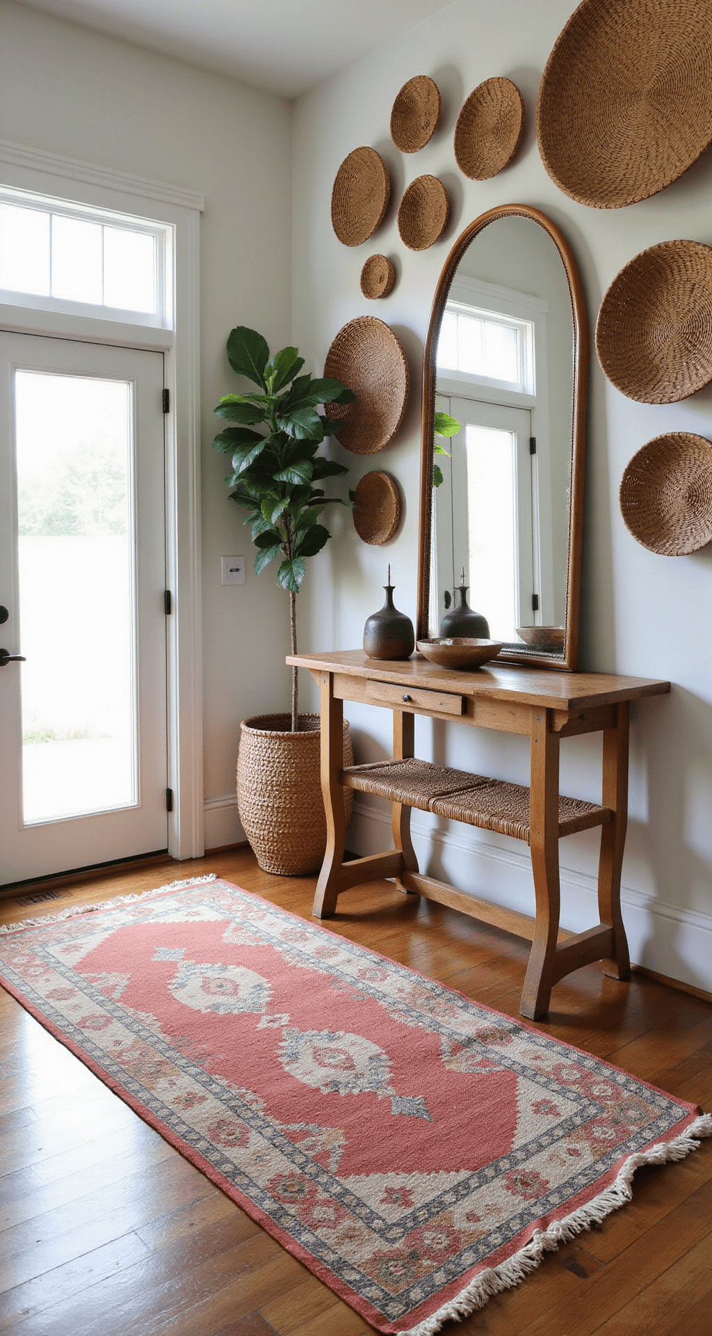 Layered boho entryway featuring a vintage Turkish runner in faded coral tones leading to a rattan console with a brass mirror, surrounded by woven wall baskets and a potted palm, shot from a low angle to highlight the runner's perspective and the play of morning light.