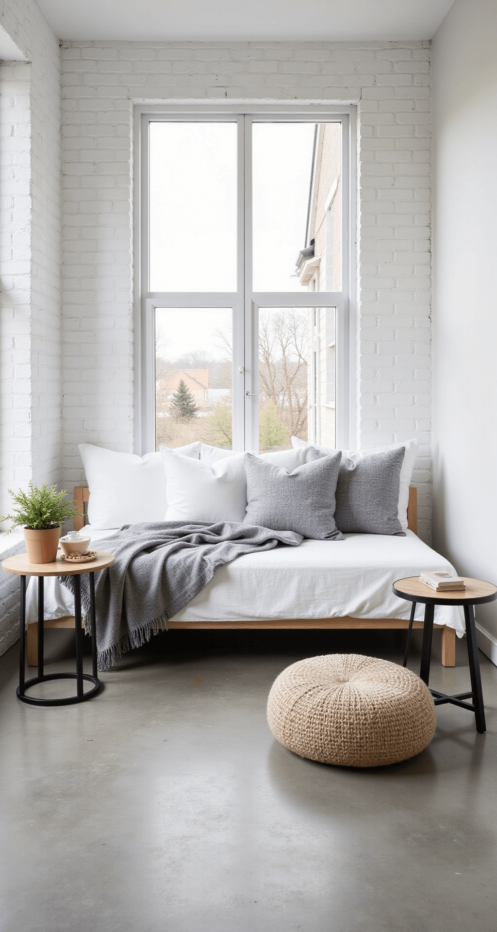 A sunroom with light oak furniture, including a minimalist daybed with white linen and gray wool throws, black metal accent tables, and a pale jute pouf, all set against white-painted brick walls and concrete floors, illuminated by dawn light in cool morning tones.