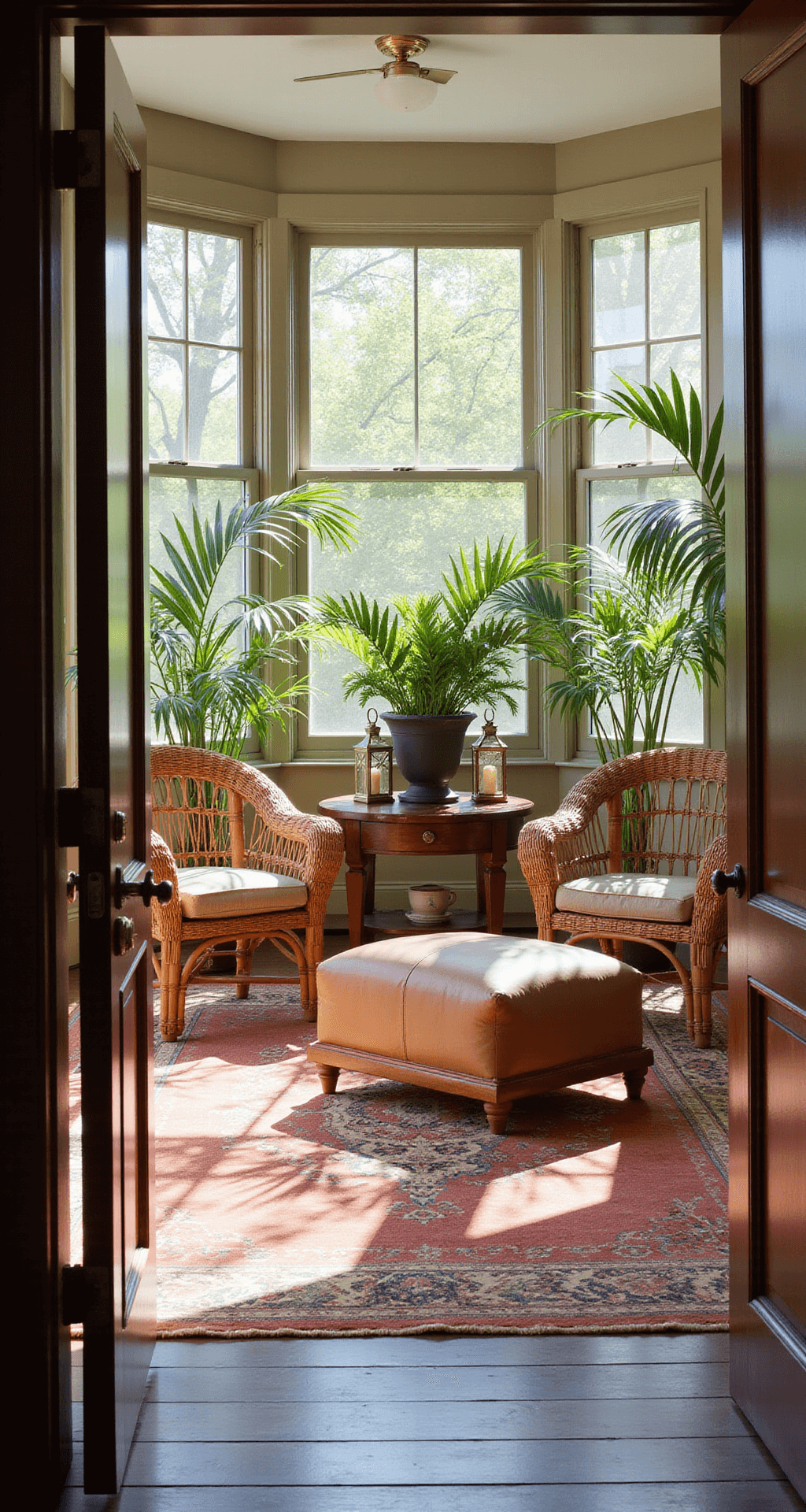 A sunlit tropical colonial sitting room featuring British colonial-style rattan armchairs, a leather ottoman on a vintage overdyed rug, potted palms, brass lanterns, and mahogany side tables, all highlighted by strong directional light casting dramatic shadows.