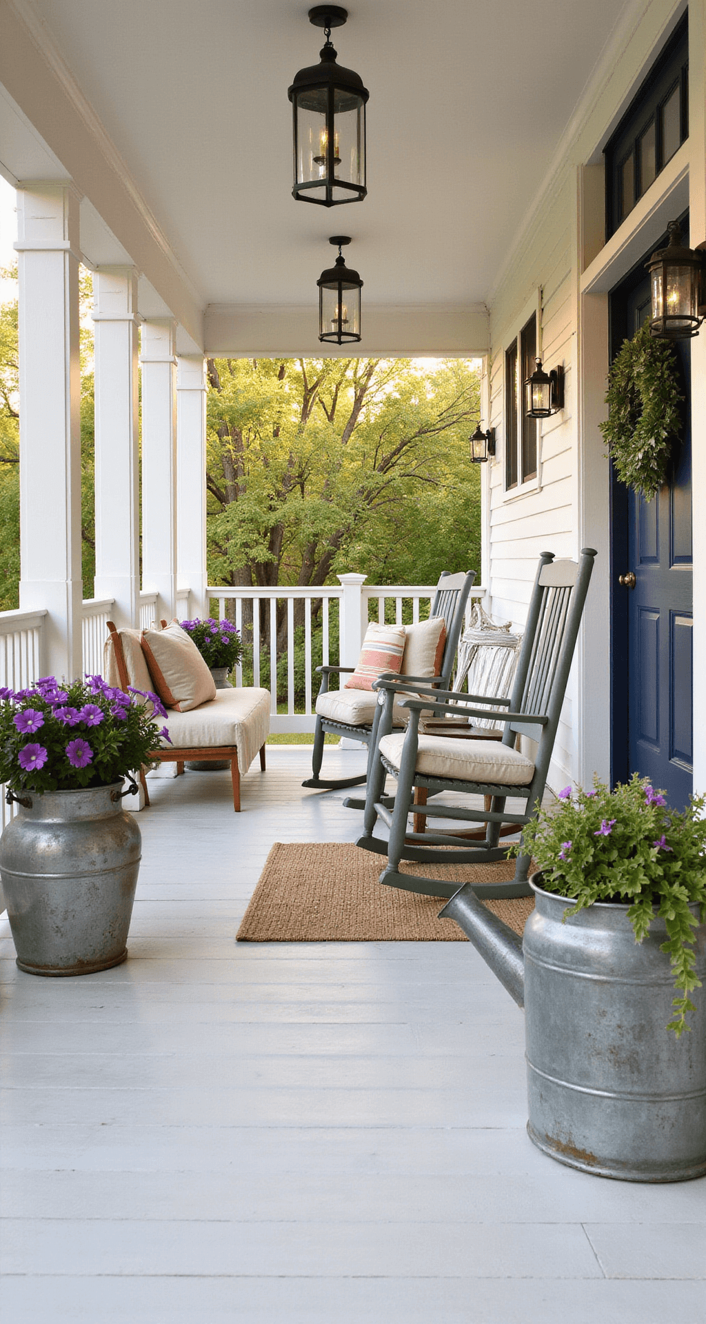 A cozy farmhouse-style front porch at golden hour, featuring whitewashed wood flooring, classic white columns, a vintage swing with cream cushions, sage green rocking chairs, and a natural jute rug. Flanking a navy blue front door are oversized planters with purple petunias, while solar lanterns hang from rafters. Decor includes an eucalyptus wreath, coral and grey striped pillows, and galvanized watering cans with wildflowers, all under the warm light of mature maple trees.