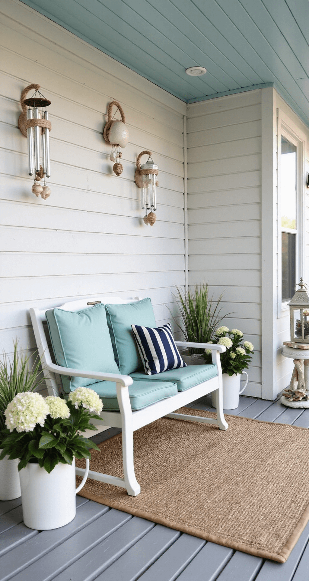 Intimate coastal cottage porch at sunrise, featuring whitewashed shiplap walls and pale blue beadboard ceiling, a white aluminum loveseat with seafoam green and navy striped cushions, a sandy beige natural fiber rug, white ceramic planters with coastal grasses and hydrangeas, shell wind chimes, rope-wrapped lanterns, and driftwood accents, all illuminated by soft morning light.