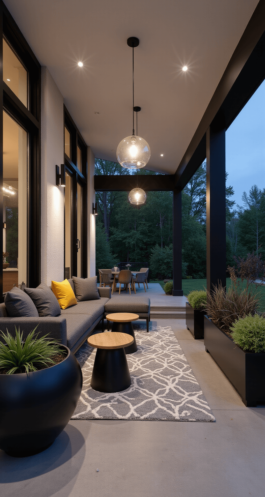 Modern covered porch at twilight featuring minimalist black-framed windows, polished concrete floor, a charcoal sectional sofa, teak accent tables, oversized black planters with succulents, suspended globe pendants with warm LED lighting, a geometric grey and white outdoor rug, and accent pillows in mustard yellow and graphite, with strategic uplighting highlighting the clean lines of the columns.