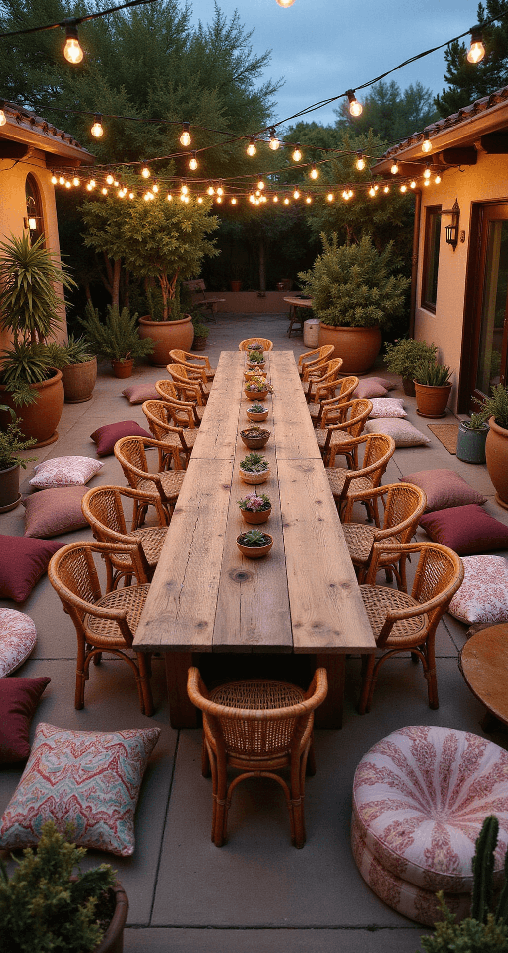 A bird's eye view of a twilight outdoor dining area featuring a reclaimed wood table surrounded by vintage rattan chairs, intersecting market lights overhead, Moroccan floor pillows, low tables, and potted succulents and cacti, with a color palette of desert rose, rustic brown, and muted turquoise, creating a festive gathering atmosphere.