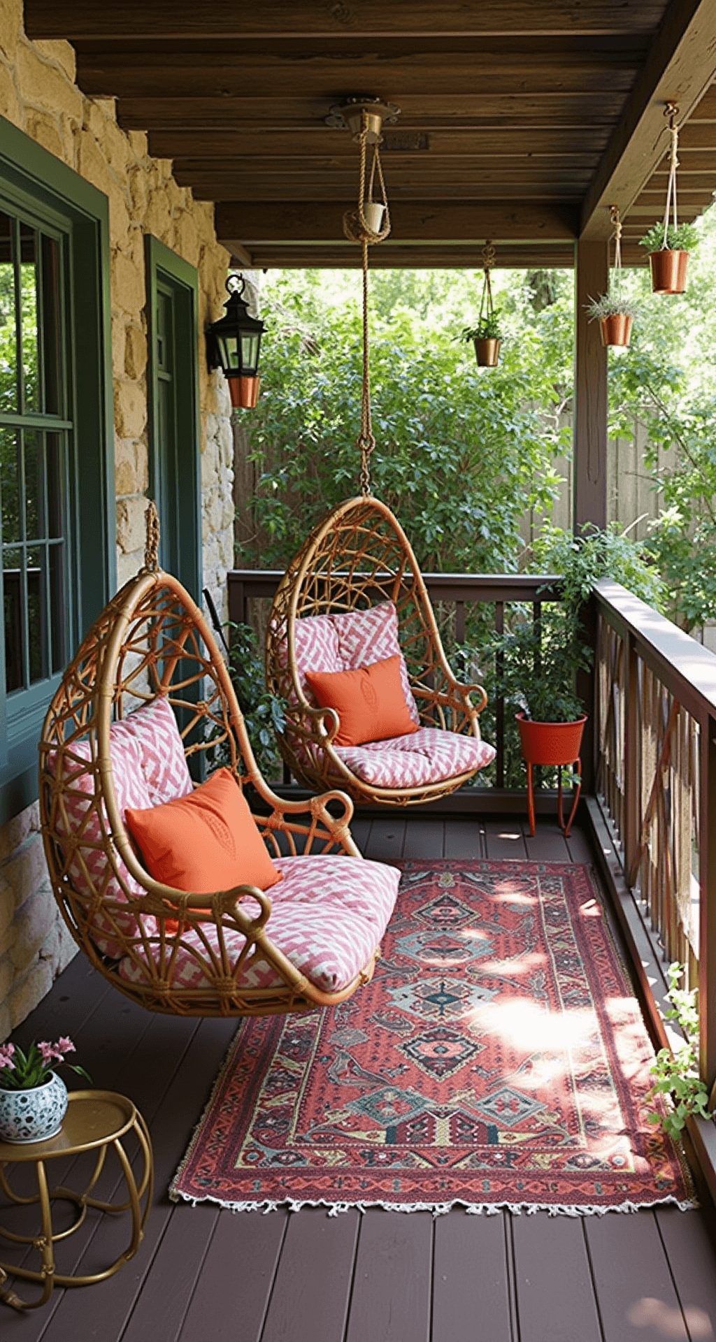 A mid-morning bird's-eye view of a bohemian 10x12ft wraparound porch featuring rich mahogany decking, a natural stone facade, a suspended rattan egg chair with pink and orange kilim cushions, layered vintage Moroccan rugs in jewel tones, copper lanterns, macramé plant hangers with trailing plants, mixed pattern throw pillows in emerald, rust, and indigo, painted ceramic side tables with brass vessels of fresh flowers, and dappled sunlight filtering through a pergola.