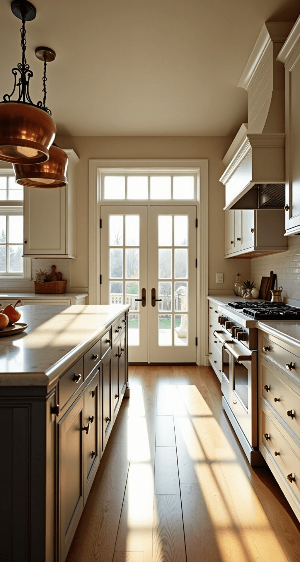 Spacious country kitchen with antique white Shaker cabinets, Carrara marble island, and golden hour sunlight streaming through twin windows, highlighting vintage decor and wide plank oak flooring.