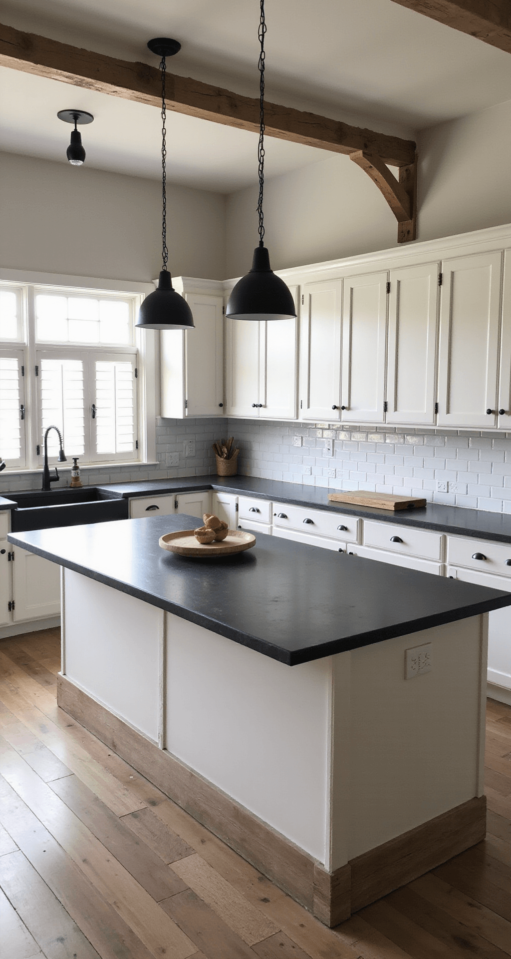 Open concept kitchen in a modern farmhouse style featuring antique white cabinets, dark soapstone counters, and exposed wooden beams, illuminated by industrial black pendant lights.