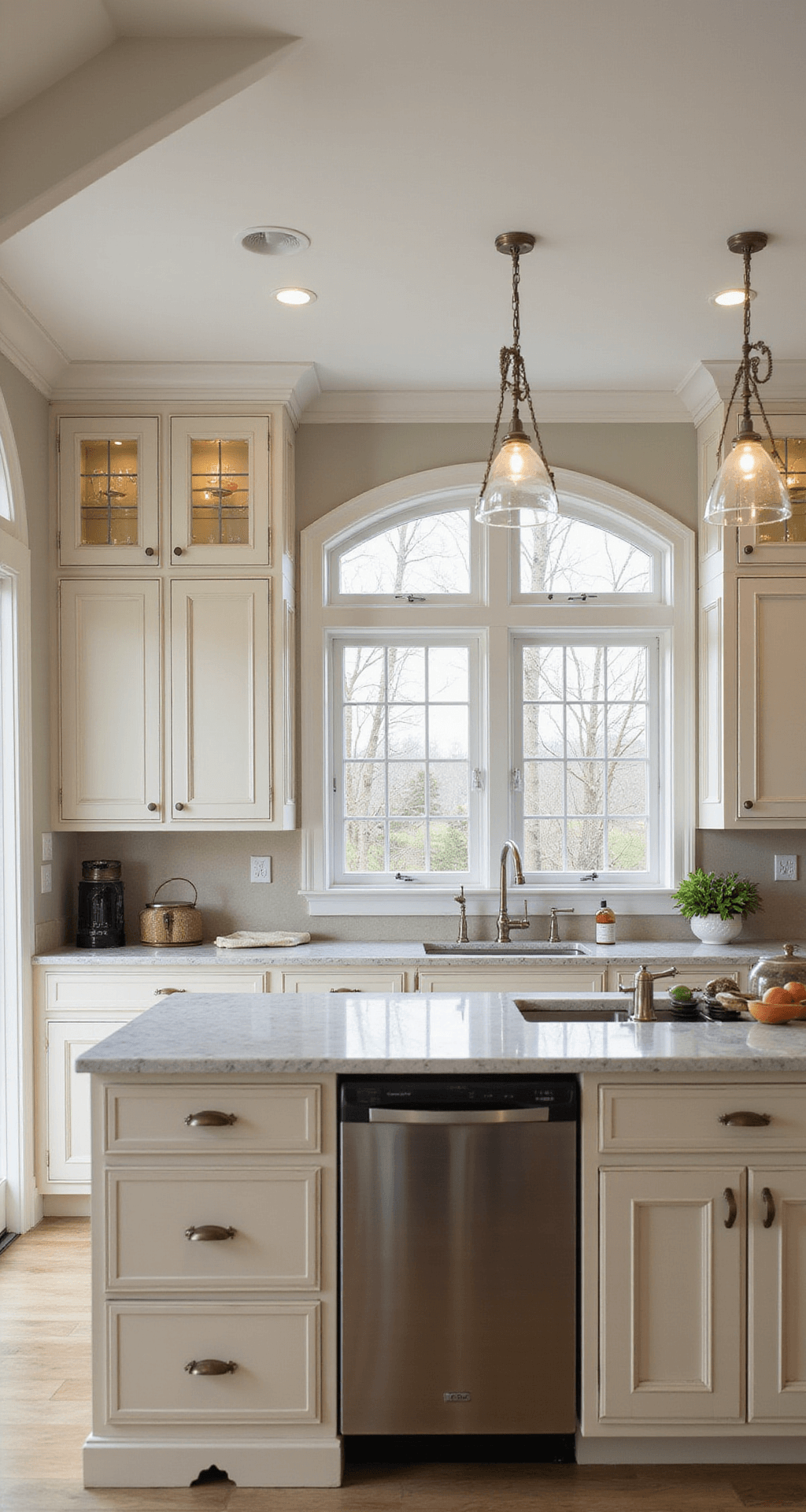 Transitional luxury kitchen with antique white cabinetry and glass-front upper displays, featuring a quartzite waterfall island, polished nickel fixtures, and mixed metal lighting, illuminated by late afternoon light streaming through arched windows, captured from an elevated position.