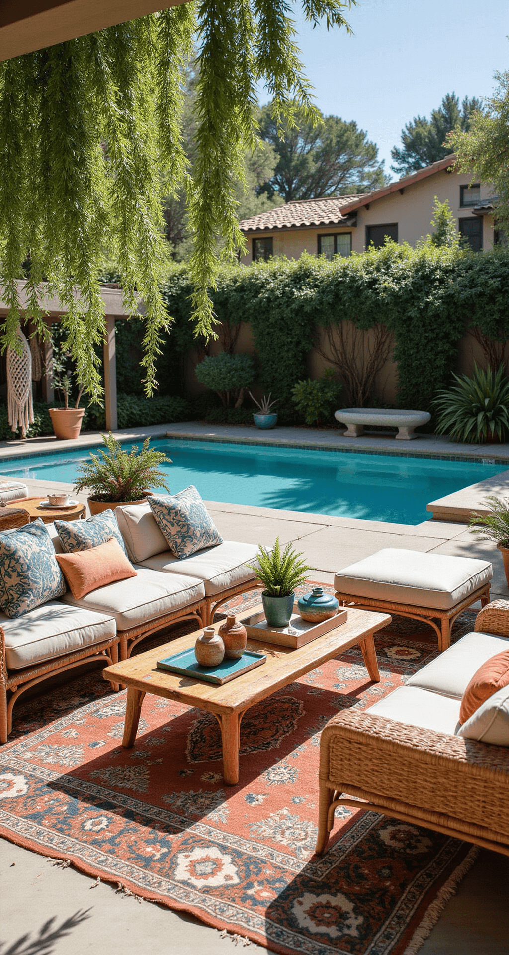 A mid-afternoon view of a 15x20ft poolside lounge area featuring layered vintage Turkish rugs and low-slung rattan furniture, with macramé plant hangers displaying trailing plants. Painted ceramic tables in vibrant colors complement the peacock blue, rust orange, and emerald green color scheme, capturing a relaxed resort-style atmosphere from a corner angle.