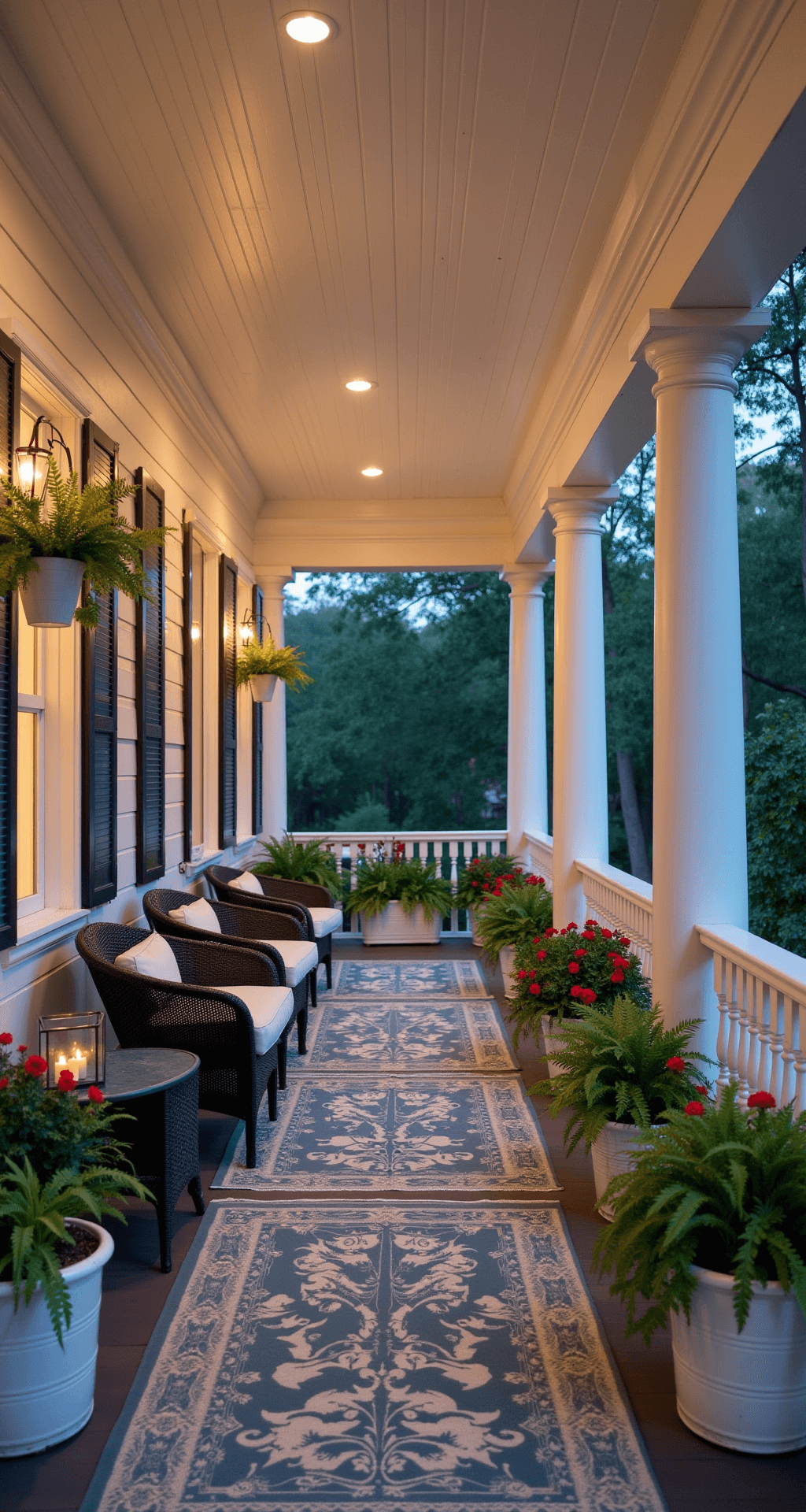 A traditional Southern veranda at dusk featuring white balustrades, a tongue-and-groove ceiling, and four black wicker chairs with ivory cushions arranged around a distressed teal oval coffee table, all highlighted by warm porch lights and decorated with Boston ferns in hanging baskets and vibrant red geraniums in vintage milk can planters.