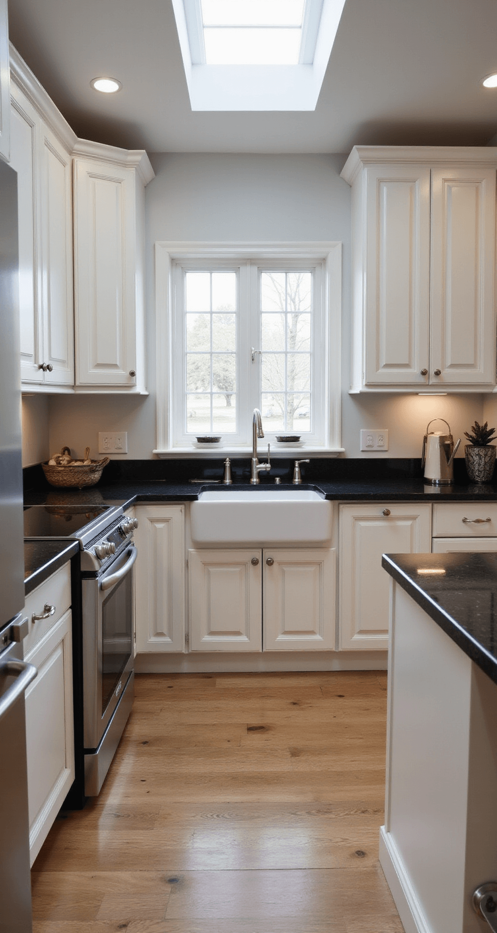 L-shaped contemporary classic kitchen with antique white cabinets, black granite waterfall counters, and seamless stainless appliances, illuminated by cool morning light from a skylight, showcasing cabinet details and hardware.