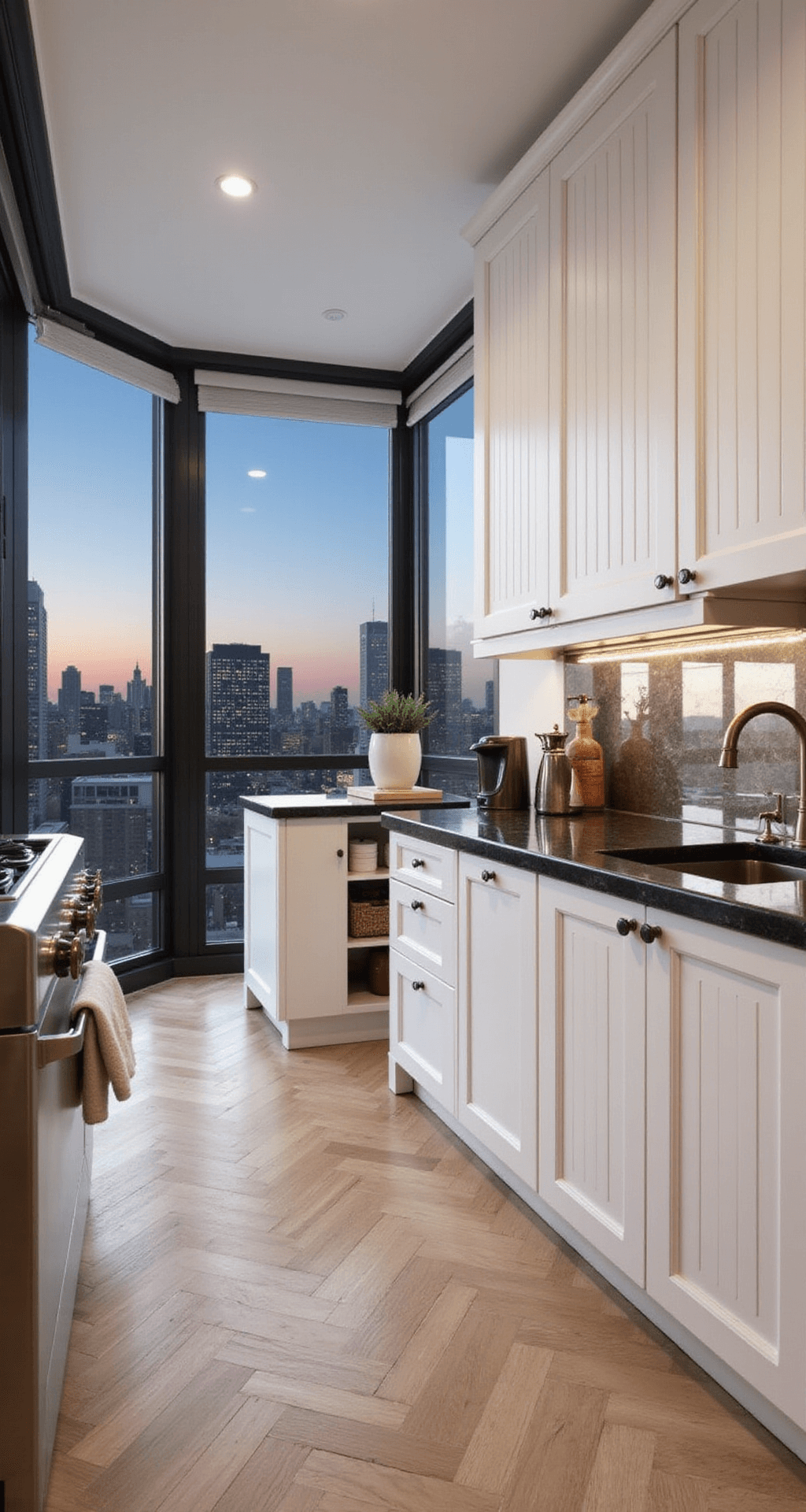 A luxurious 10x12ft kitchen featuring floor-to-ceiling antique white cabinets, metallic bronze hardware, and a mirror-finish backsplash, with a chevron-patterned white oak floor and twilight city views through large windows. Shot straight-on with a shallow depth of field emphasizing the cabinet faces and illuminated with mixed ambient and task lighting.