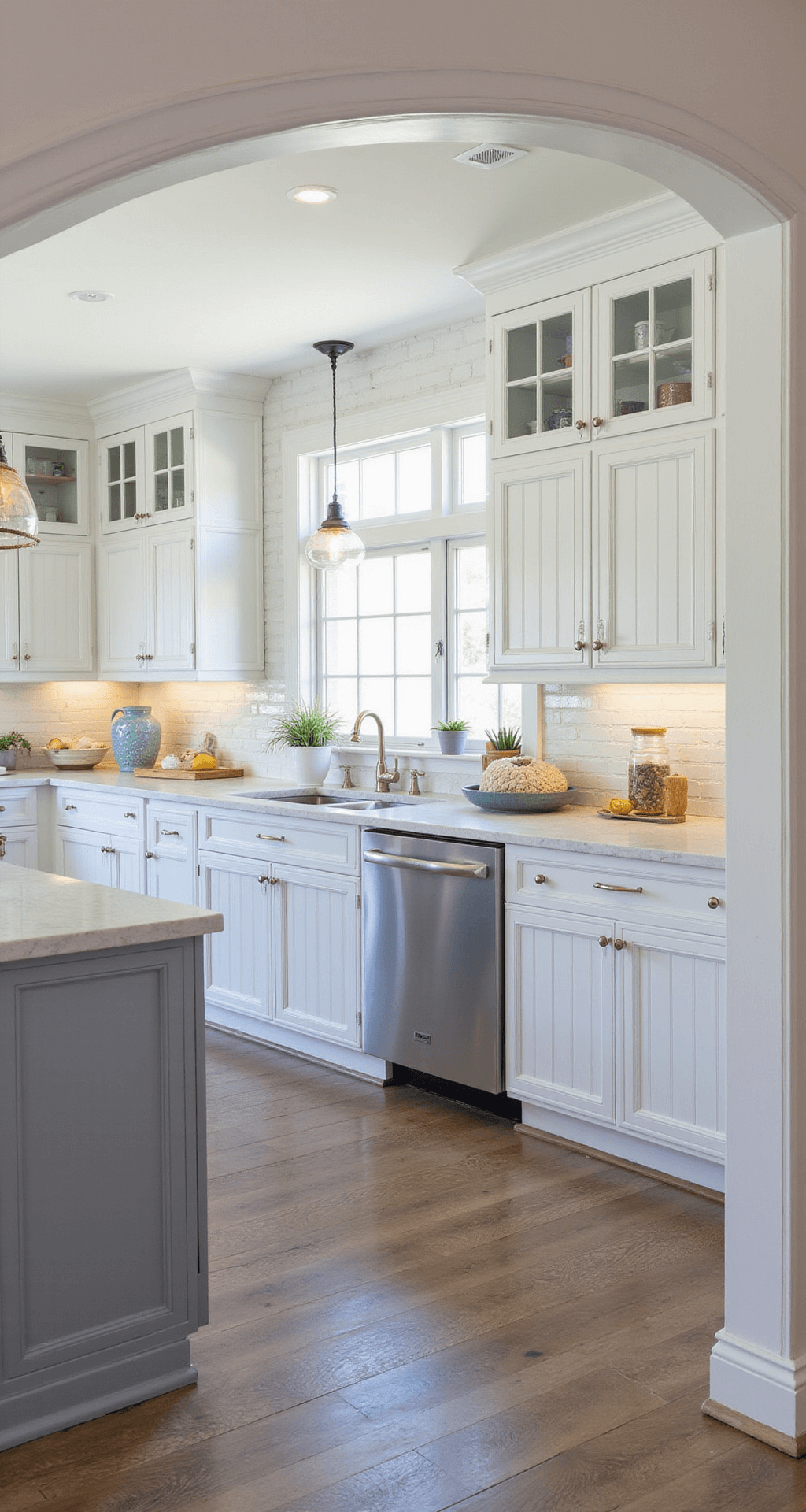 An airy coastal kitchen featuring antique white beadboard cabinets, glass uppers, and a blue-gray island with a marble top, illuminated by natural light and warm under-cabinet LED lighting, captured from the dining area entrance.