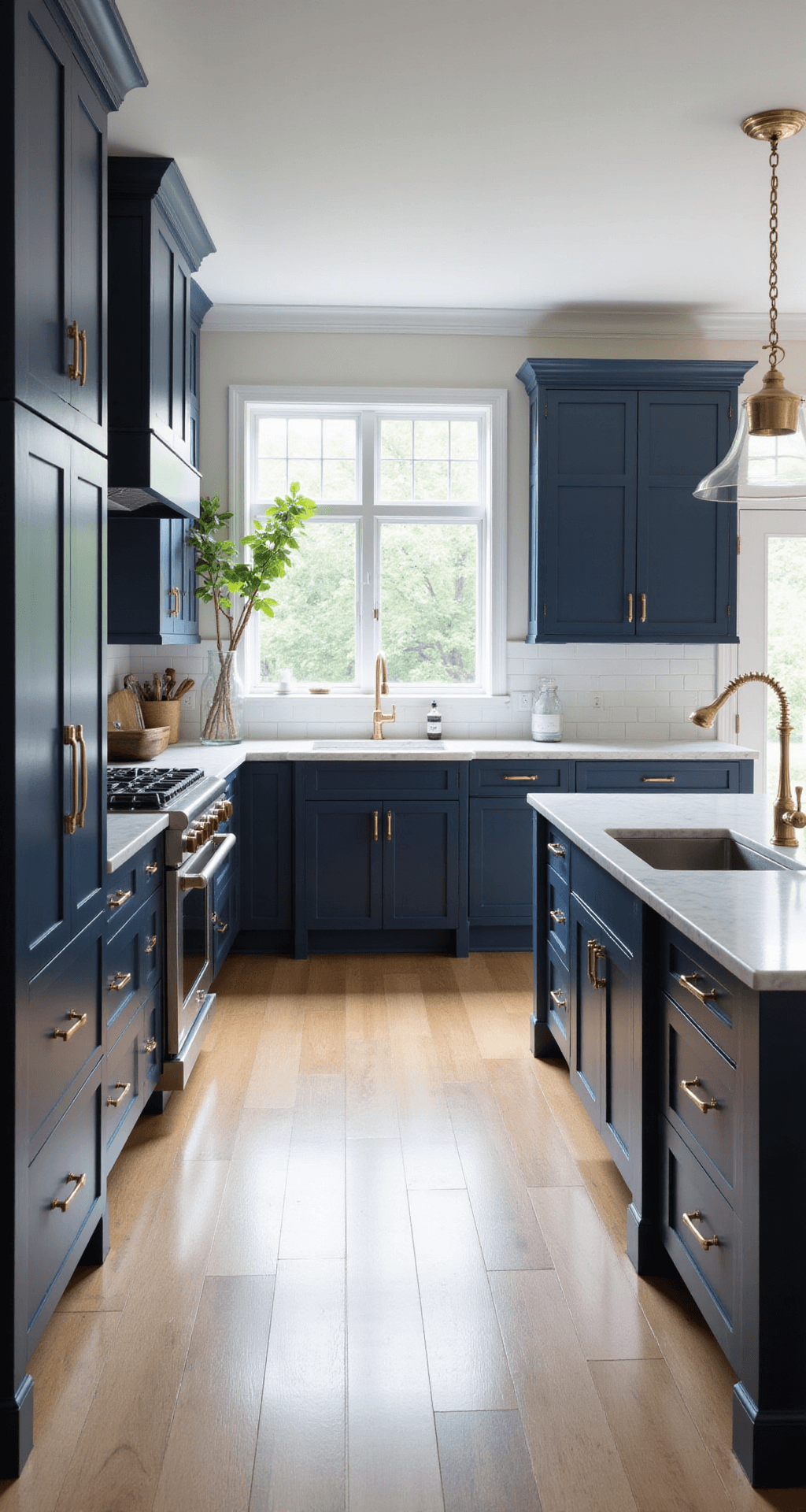 A spacious transitional modern kitchen with navy blue shaker cabinets, brass hardware, Carrara marble countertops, a large island with waterfall edges, and warm natural white oak flooring, illuminated by morning light from oversized windows.