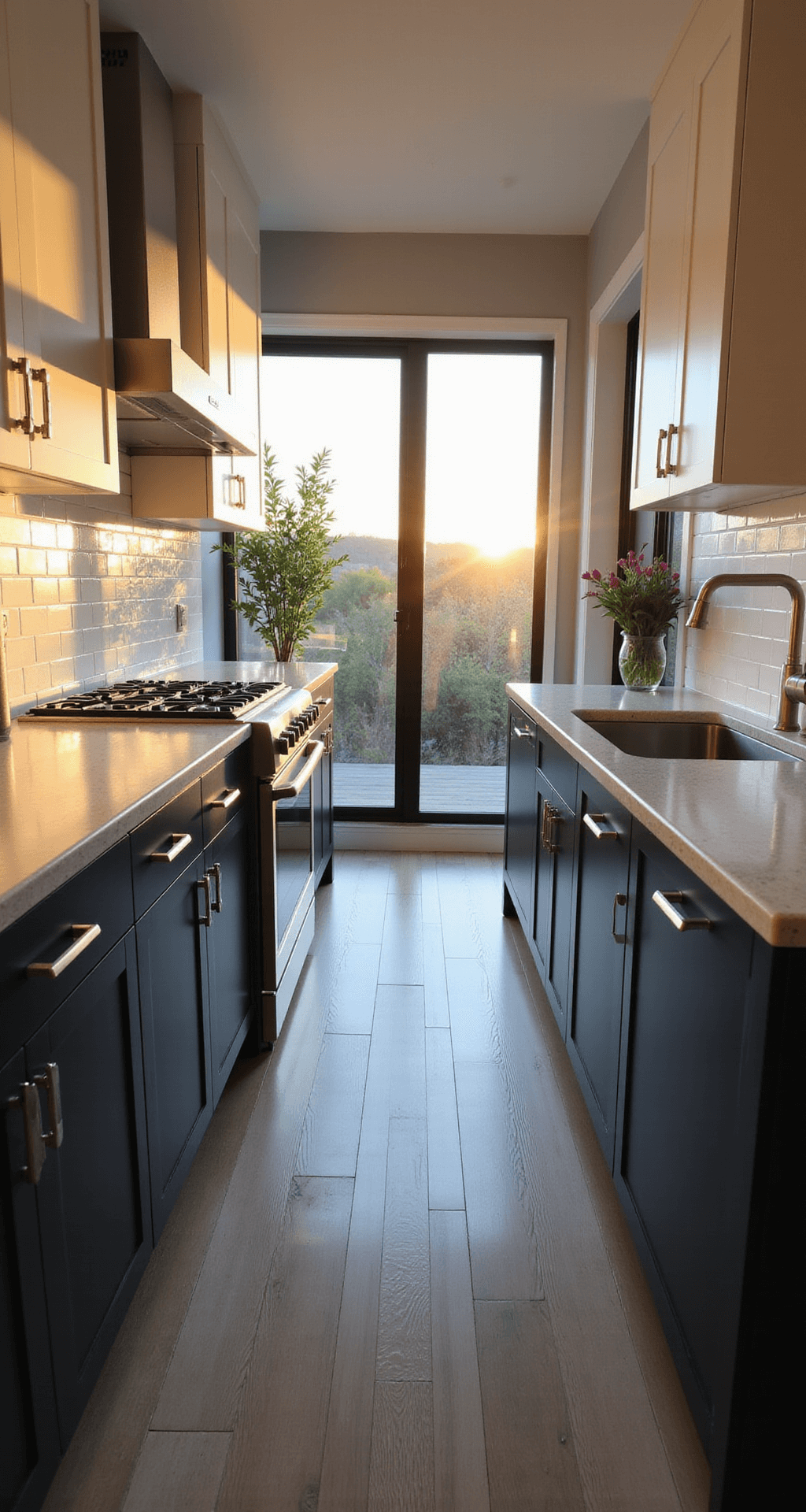Intimate galley kitchen at golden hour featuring modern blue cabinets, light gray quartz countertops, cream upper cabinets, and a pearl white subway tile backsplash, with warm light casting silhouettes on the cabinetry.