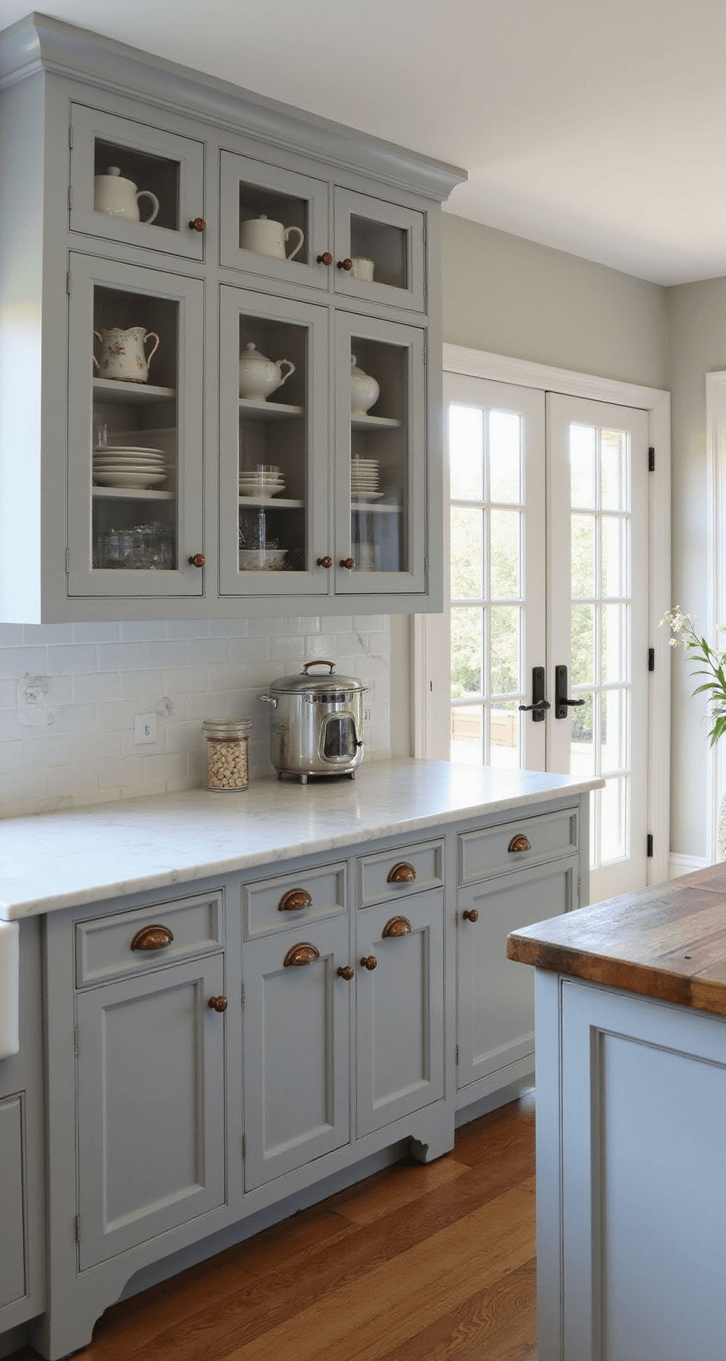 A corner kitchen bathed in mid-morning light, featuring traditional raised-panel cabinets in Farrow & Ball Parma Gray, ornate copper handles, a rustic butcher block island, elegant white marble perimeter counters, and glass-front upper cabinets displaying vintage dishware, all captured with a wide-angle lens to highlight the space's classic and contemporary style.