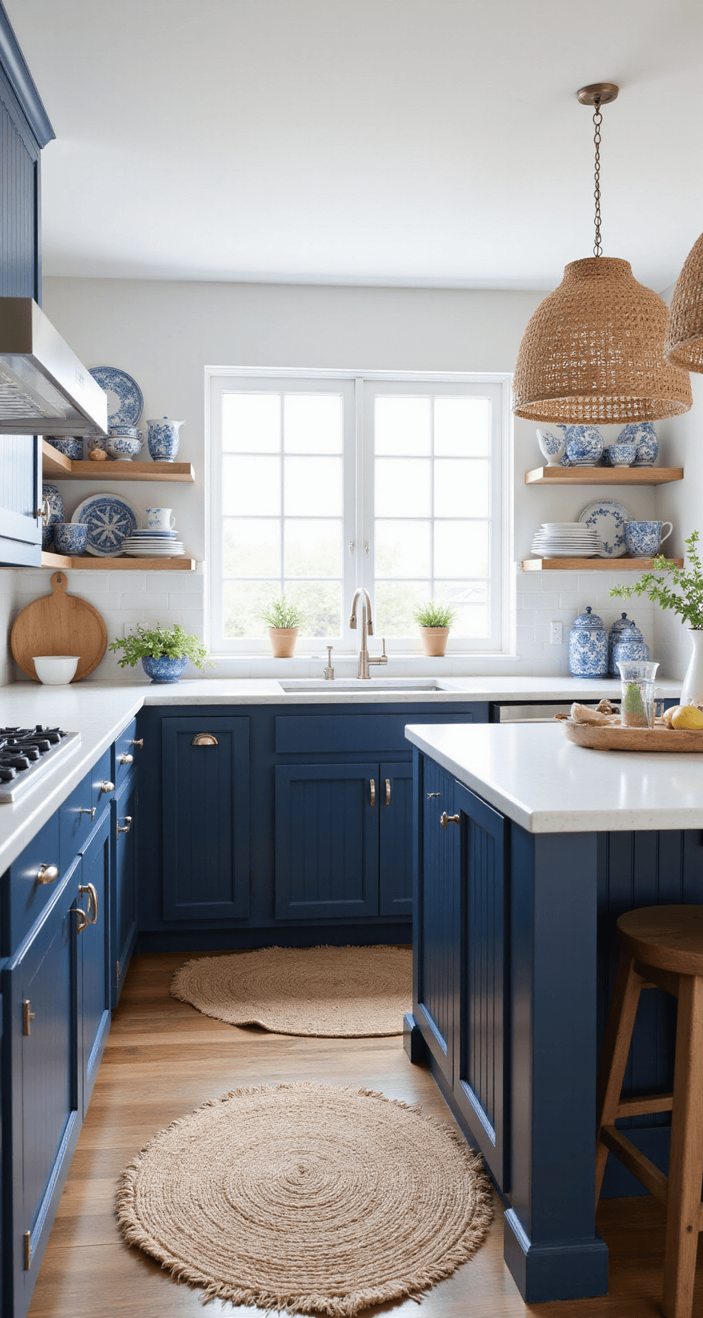 A coastal-inspired kitchen featuring navy blue beadboard cabinets, white quartz counters, and open shelving with blue-and-white chinaware, illuminated by rattan pendants in a bright, airy atmosphere.