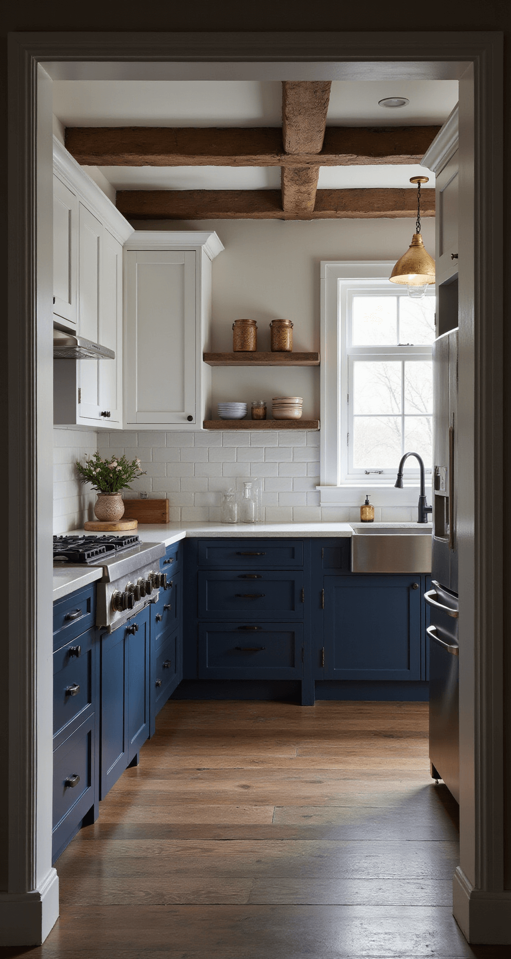 A modern farmhouse kitchen at dusk with deep navy slab-front lower cabinets and white upper cabinets, featuring a mix of metal finishes, rough-hewn wooden beams on the ceiling, and moody ambient lighting enhancing the cabinet profiles.