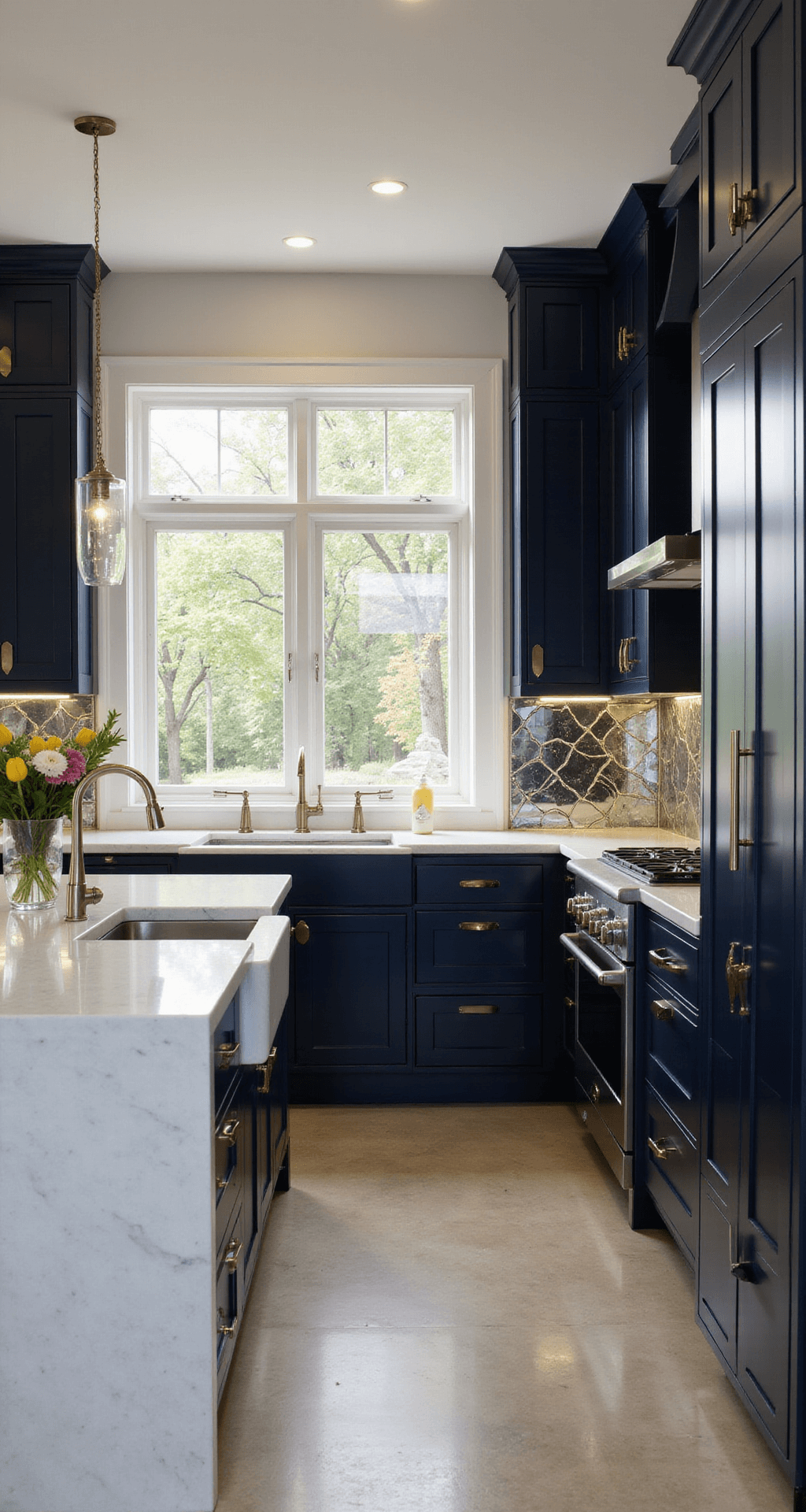 Art deco inspired kitchen featuring high-gloss navy cabinets with geometric brass inlays, waterfall quartzite counters in stark white, and an antiqued mirror backsplash reflecting warm morning light, all captured from a low angle to emphasize vertical lines and luxury materials.