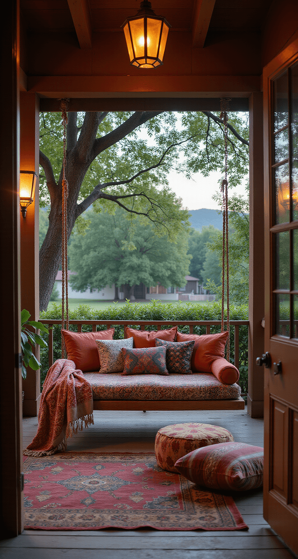 A cozy 12x15ft covered porch at sunset, featuring a suspended daybed adorned with Indonesian ikat, Mexican serapes, and Indian block print pillows. Dramatic fiddle leaf figs flank the area, while warm copper lanterns cast a soothing glow. Vintage kilim poufs enhance the seating, all set in rich jewel tones and deep earth hues for an exotic, collected ambiance.
