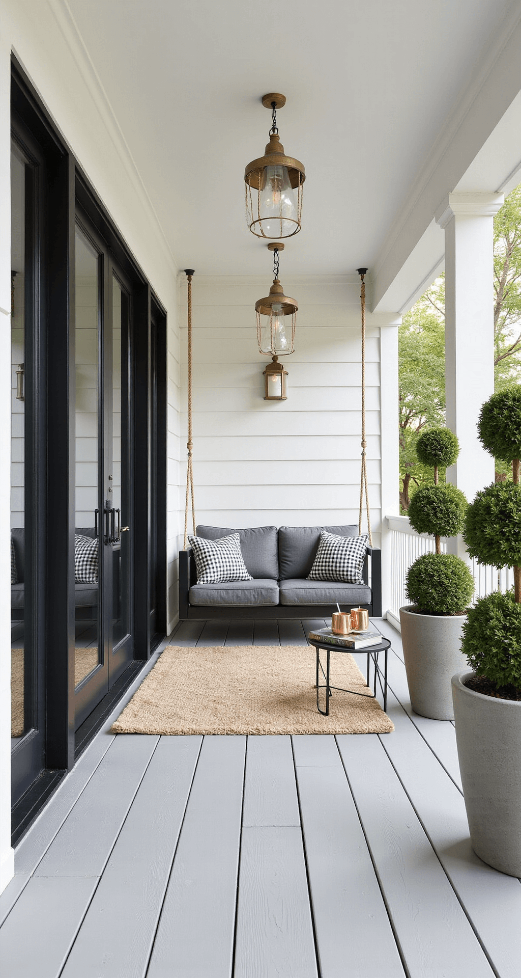 A contemporary farmhouse porch with black-framed French doors and light grey composite decking, featuring a matte black metal swing with grey cushions and buffalo check pillows, oversized concrete planters with boxwood topiaries, aged brass industrial pendant lights, a natural fiber rug layered with a vintage pattern rug, and metal drink tables with copper mugs, all illuminated by bright midday light.