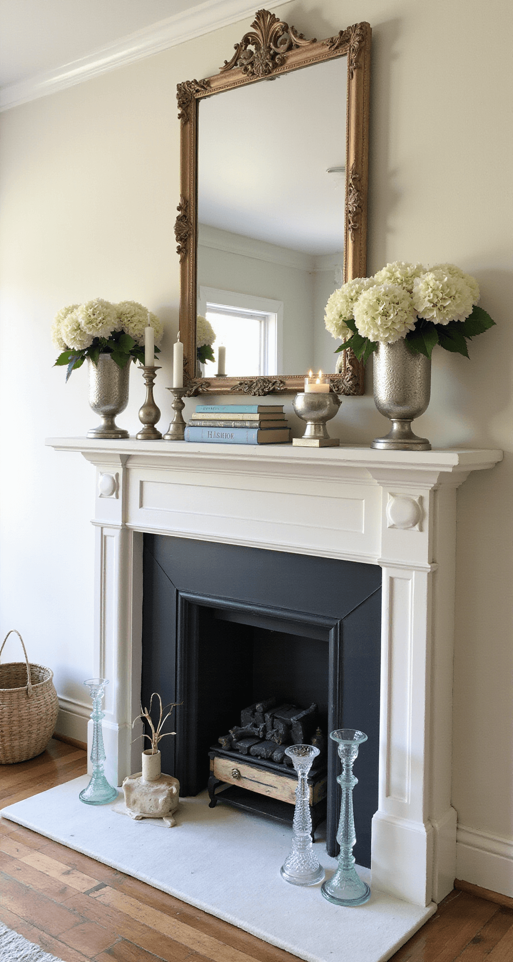 An elegant summer cottage interior featuring a soft white traditional wood mantle with an antiqued mirror above, surrounded by mercury glass hurricanes and white hydrangeas in silver urns, complemented by crystal candlesticks and vintage books, all bathed in afternoon light with a soft, romantic palette of cream, silver, and pale blue.