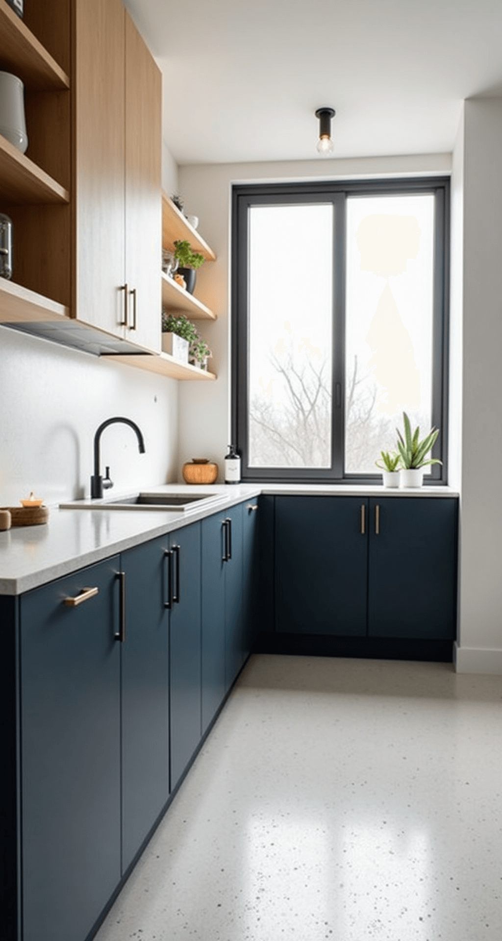 A Scandinavian-modern kitchen features matte navy lower cabinets, blonde wood upper cabinets, and minimal hardware. White concrete counters and pale terrazzo floors add texture, while a large window wall allows cool northern light to fill the space. The composition captures the horizontal planes of the design, reflecting a minimal yet warm aesthetic.