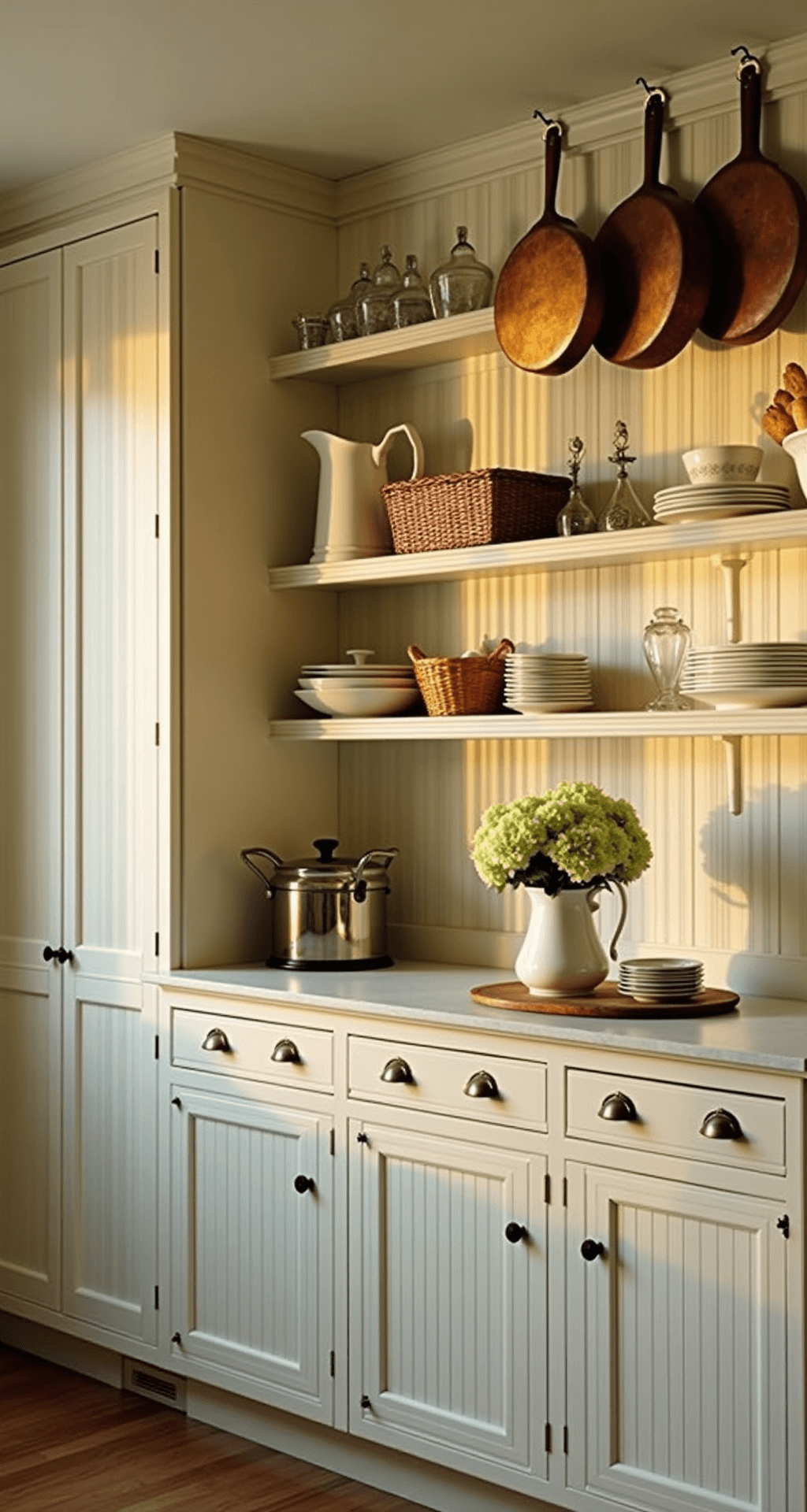 Intimate cottage kitchen with cream beadboard cabinets, soapstone counters, and open shelving displaying ironstone. Featured at golden hour with warm lighting, showcasing hydrangeas in a vintage pitcher and overhead copper pots, captured at counter height.