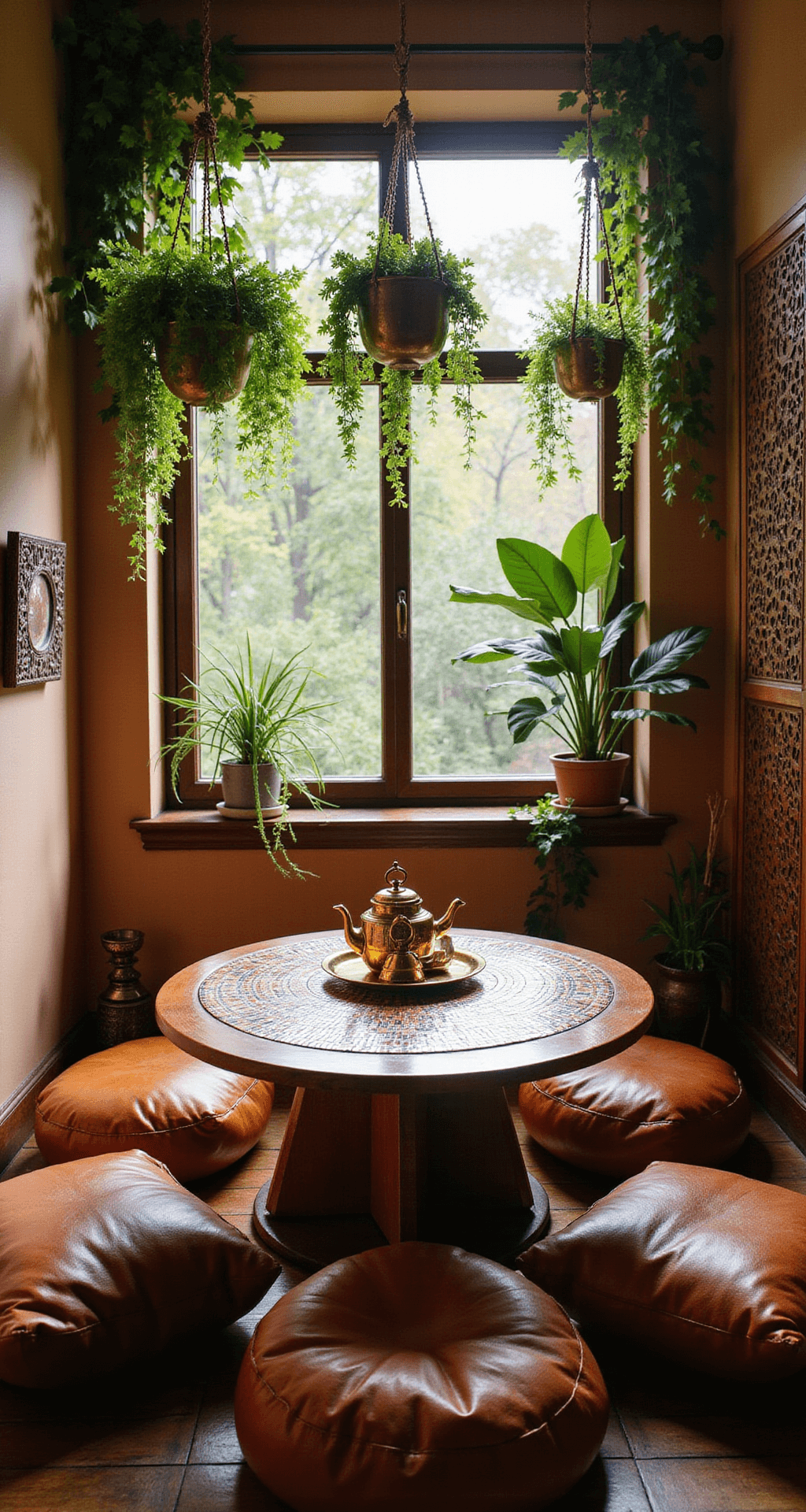 A cozy bohemian dining nook bathed in morning light, featuring a round mosaic table surrounded by leather poufs and floor cushions. Hanging plants form a natural canopy overhead, while carved wooden screens softly filter the sunlight. A Moroccan tea service and brass accessories enhance the authentic ambiance, with warm spice tones, aged brass, and botanical greens creating a casual, eclectic mood.