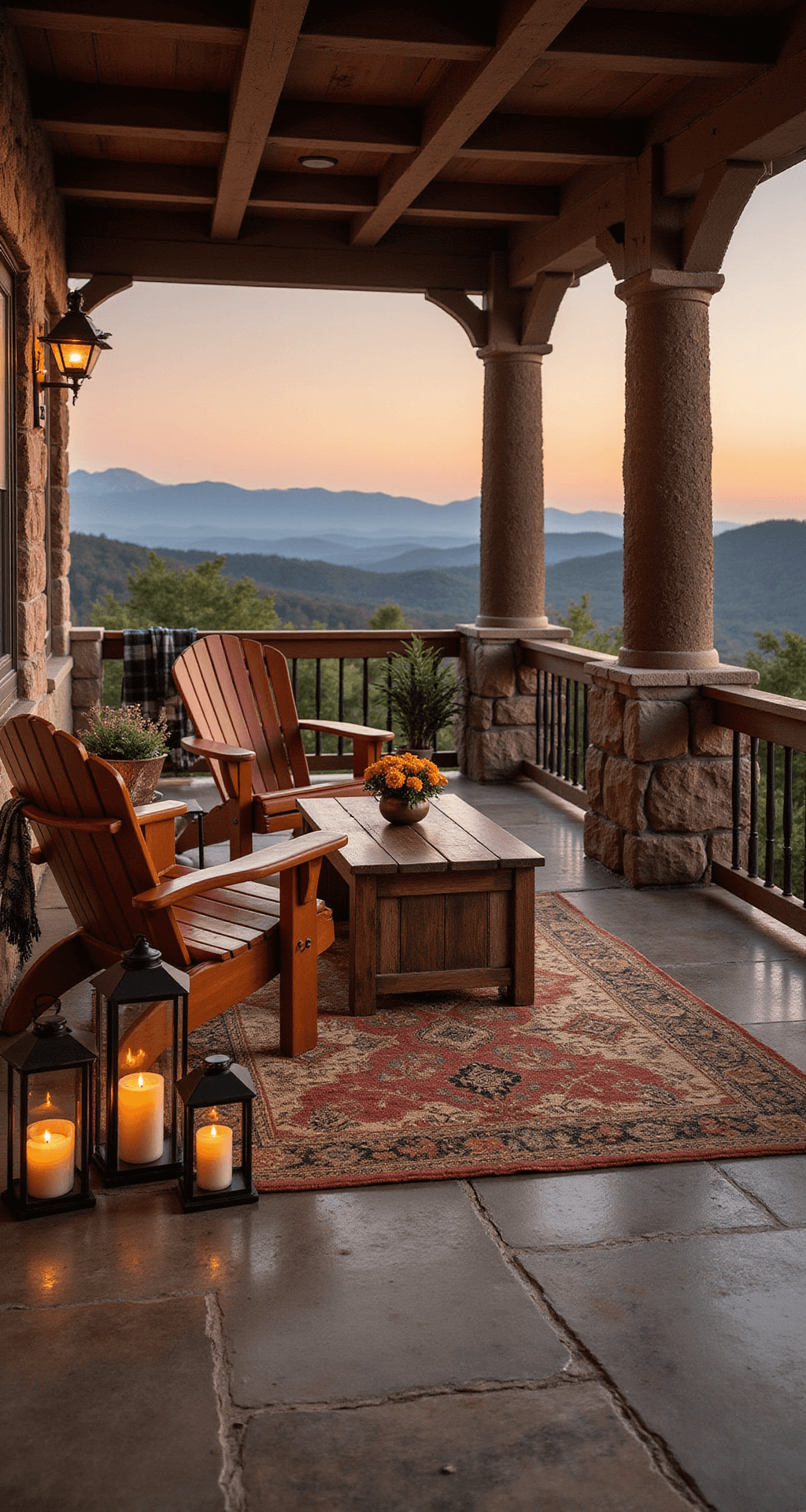Low-angle shot of a rustic mountain porch at sunset, featuring timber beams, stone columns, oversized cognac leather Adirondack chairs, a reclaimed wood coffee table, an earth-toned wool blend outdoor rug, cast iron lanterns with LED candles, copper boot planters with wildflowers, and cozy throws in buffalo check and herringbone patterns, with dramatic amber lighting casting shadows.