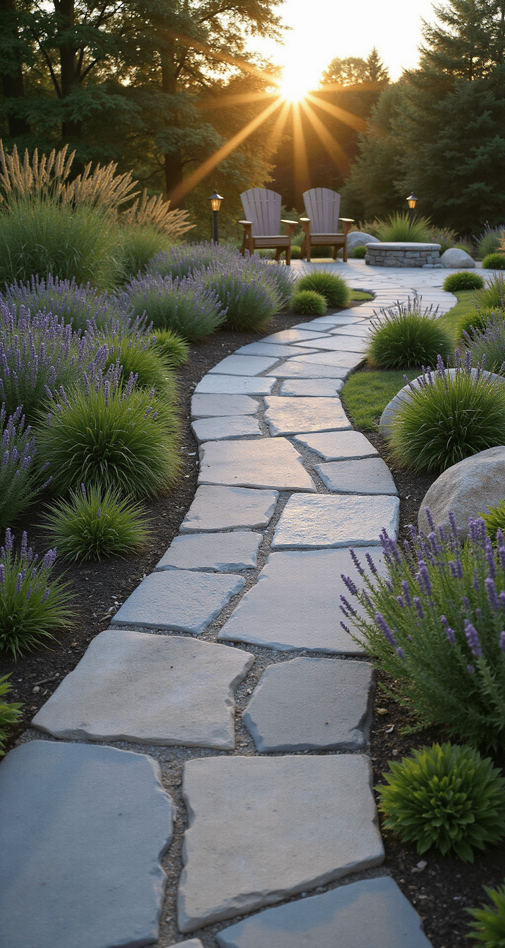 A winding 20-foot natural stone pathway made of irregular bluestone slabs extends from a 15x20 ft patio, surrounded by lush garden borders featuring native grasses and lavender, all bathed in warm golden hour light that casts long shadows; copper path lights illuminate the route, with vintage Adirondack chairs visible in the distance.
