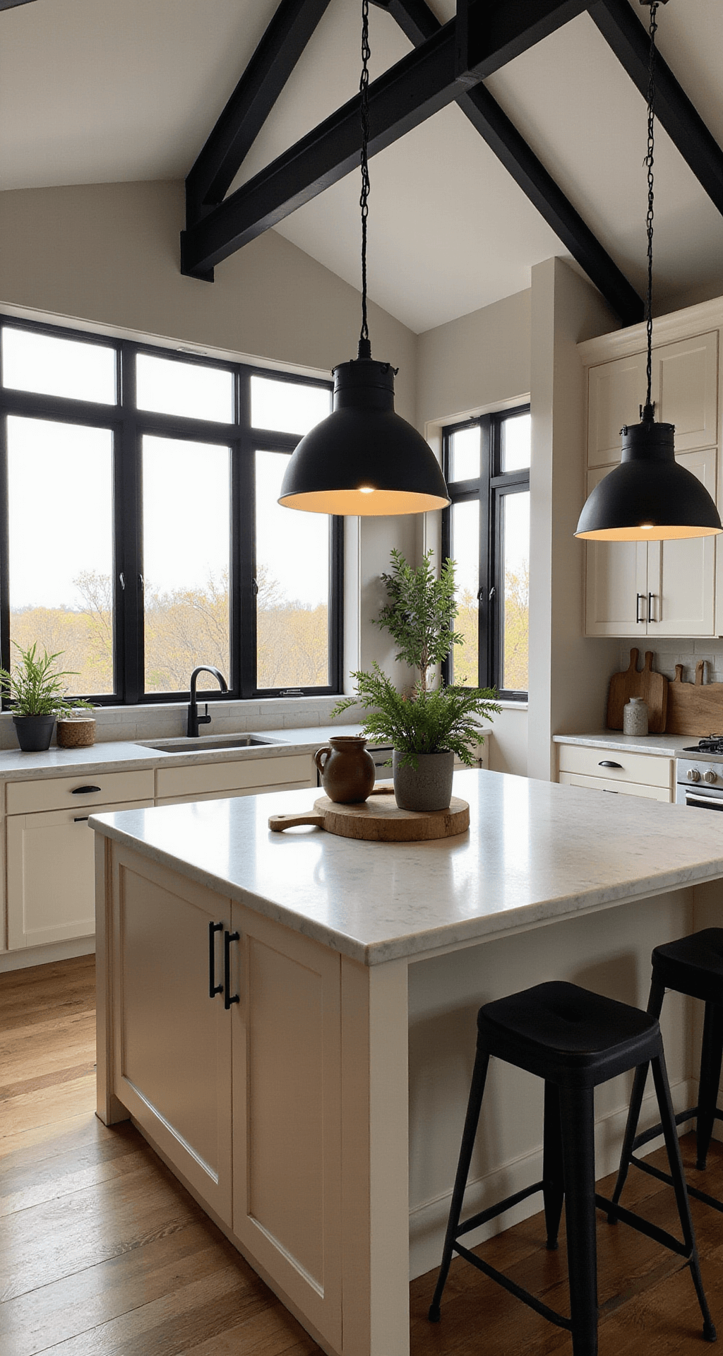 A modern farmhouse kitchen with vaulted ceiling, featuring cream flat-panel cabinets, black hardware, large marble island, industrial stools, and dramatic black steel windows. Decor includes oversized ceramic vessels, vintage bread boards, and trailing plants, with warm pendant lighting enhancing the natural sunset light.