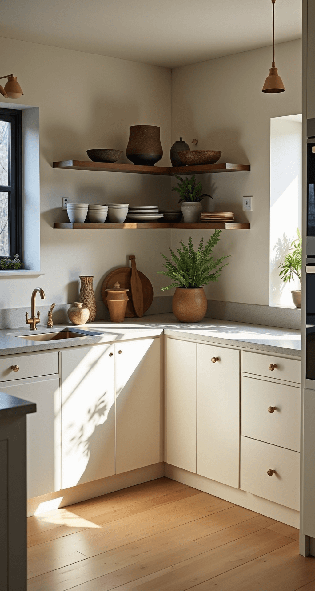 L-shaped contemporary kitchen featuring cream cabinets, brass lighting fixtures, walnut open shelving with ceramics, and white oak flooring, captured from a corner with afternoon light and shadows.