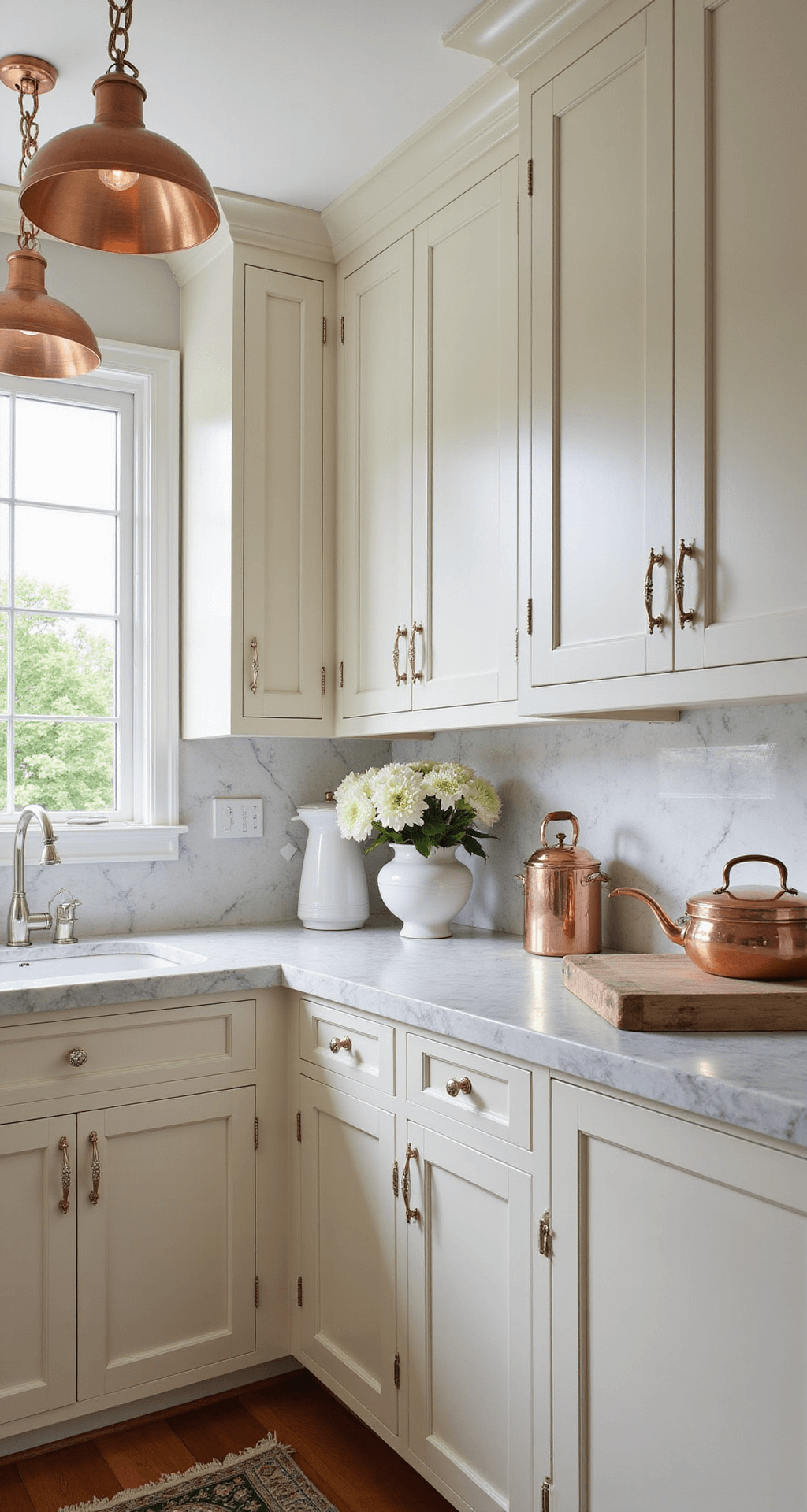 A transformed 8x12ft galley kitchen featuring cream raised-panel cabinets with crystal knobs, a marble backsplash with grey veining, and warm copper pendant lights. Decorated with French copper pans, a white ironstone collection, and fresh market flowers, the image is shot through the length of the kitchen, emphasizing depth with soft side lighting that highlights the cabinet details.