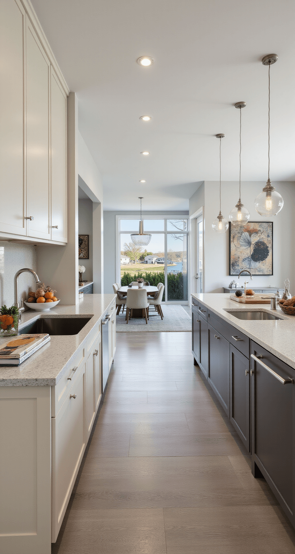 Open-concept kitchen featuring two-tone cream and grey cabinets with polished nickel hardware, double islands with waterfall quartz countertops, modern globe pendants, and stylish decor including abstract art and sculptural fruit bowls, captured in a wide shot to showcase spatial flow and balanced lighting.