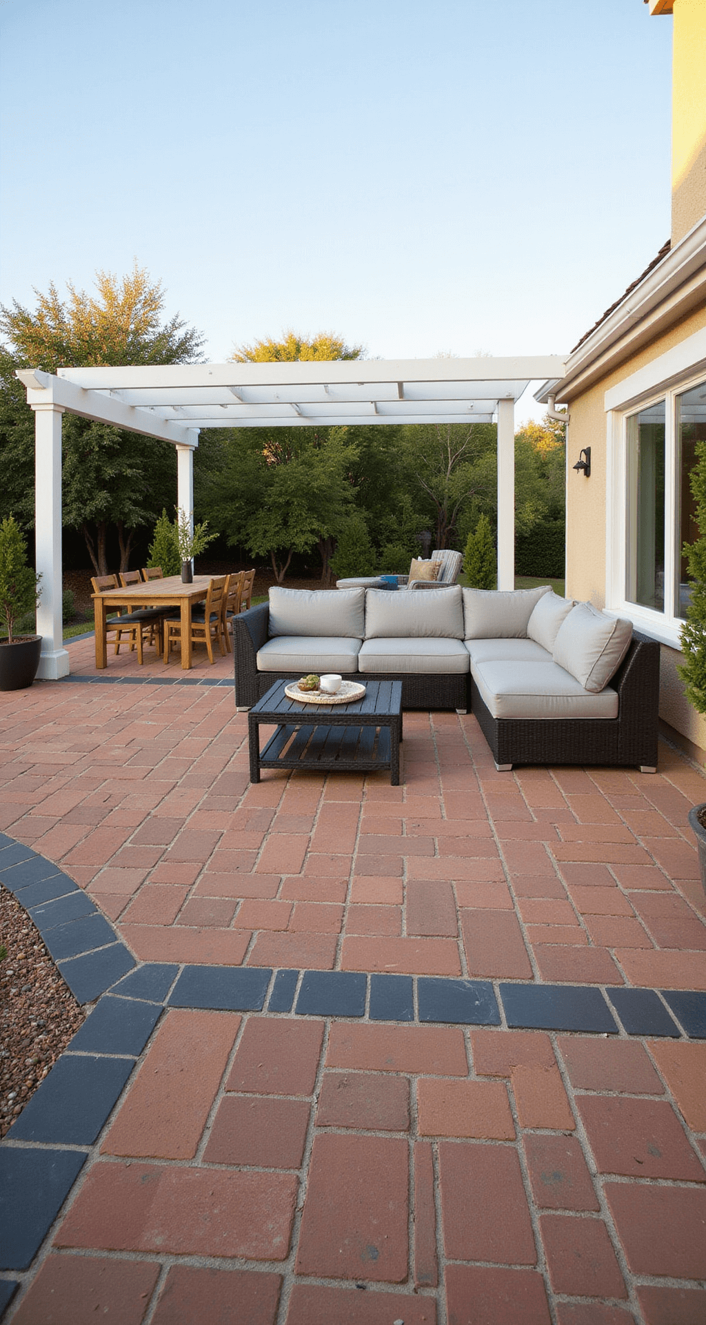 Wide-angle view of a 400 sq ft L-shaped brick extension with a herringbone pattern in warm terracotta tones and a charcoal border, featuring modern sectional seating and a teak dining set, accented by potted olive trees and a white pergola, under clear early afternoon skies.