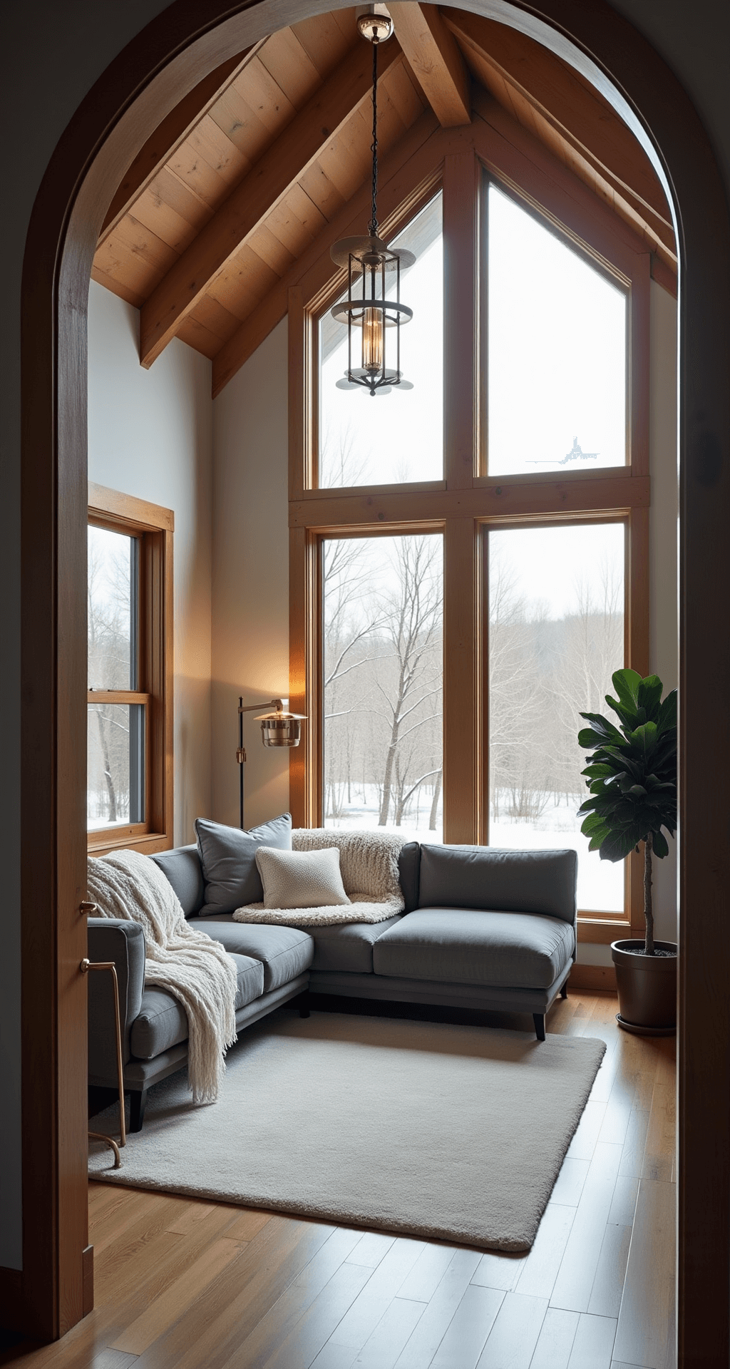 A cozy four-season room with cathedral ceilings and exposed beams, featuring floor-to-ceiling windows overlooking a snowy landscape, modern grey sectional with winter-themed decor, brass floor lamp, heated travertine floors, and potted fiddle leaf fig trees, captured at golden hour.