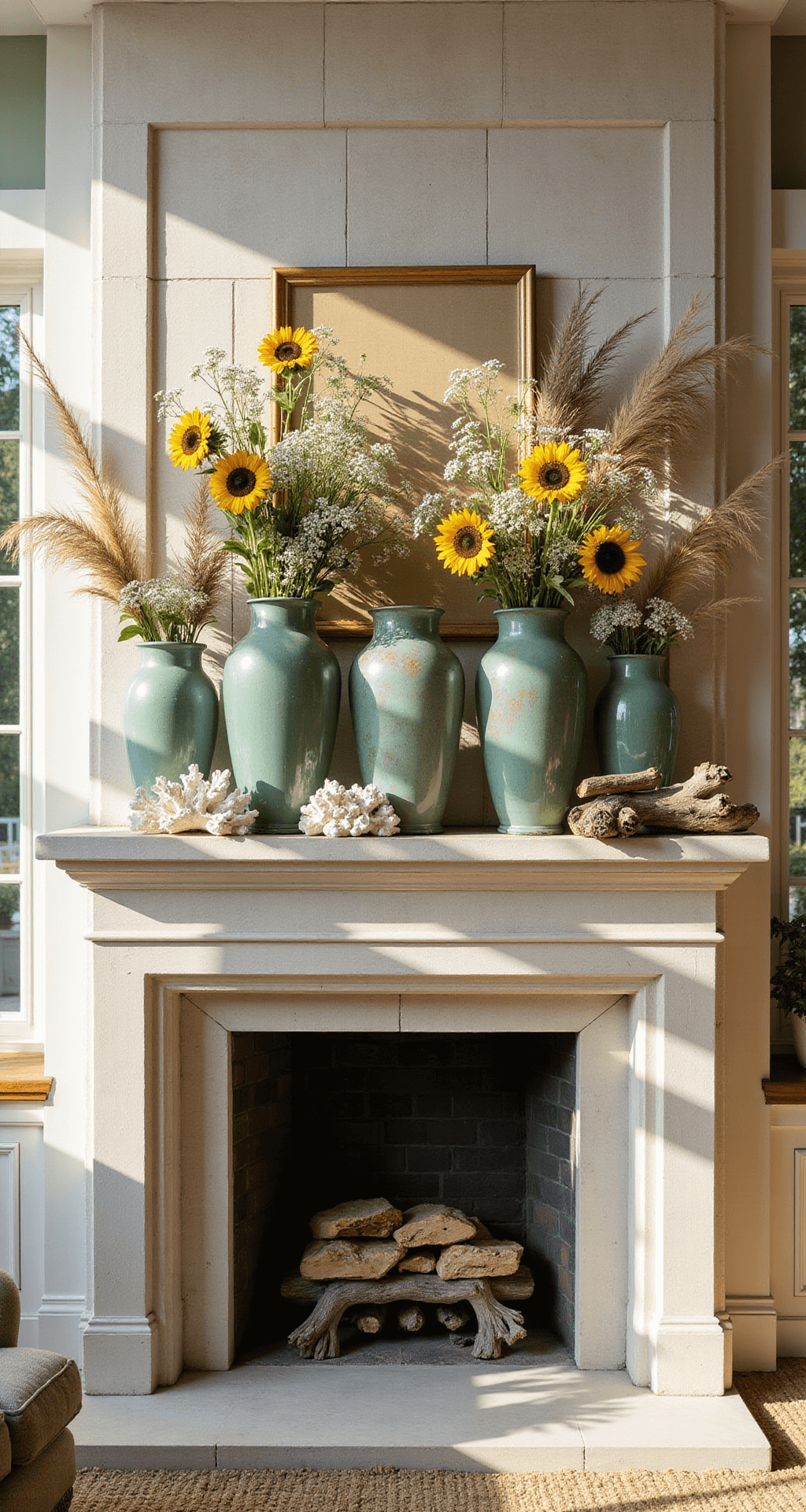 A sun-drenched living room featuring a grand limestone fireplace, adorned with oversized glass vases of wild sunflowers and Queen Anne's lace, set against a backdrop of floor-to-ceiling windows and a coastal-inspired color palette. The image is captured from a low angle, highlighting the room's height and natural textures.