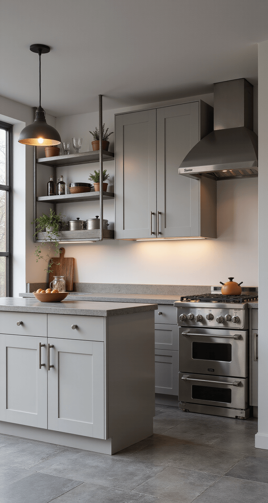 Contemporary kitchen featuring industrial touches, with light taupe flat-panel cabinets, concrete countertops, stainless steel open shelving, and a pot rack, illuminated by cool morning light and warm under-cabinet lighting, emphasizing symmetry in the 12x18ft space.