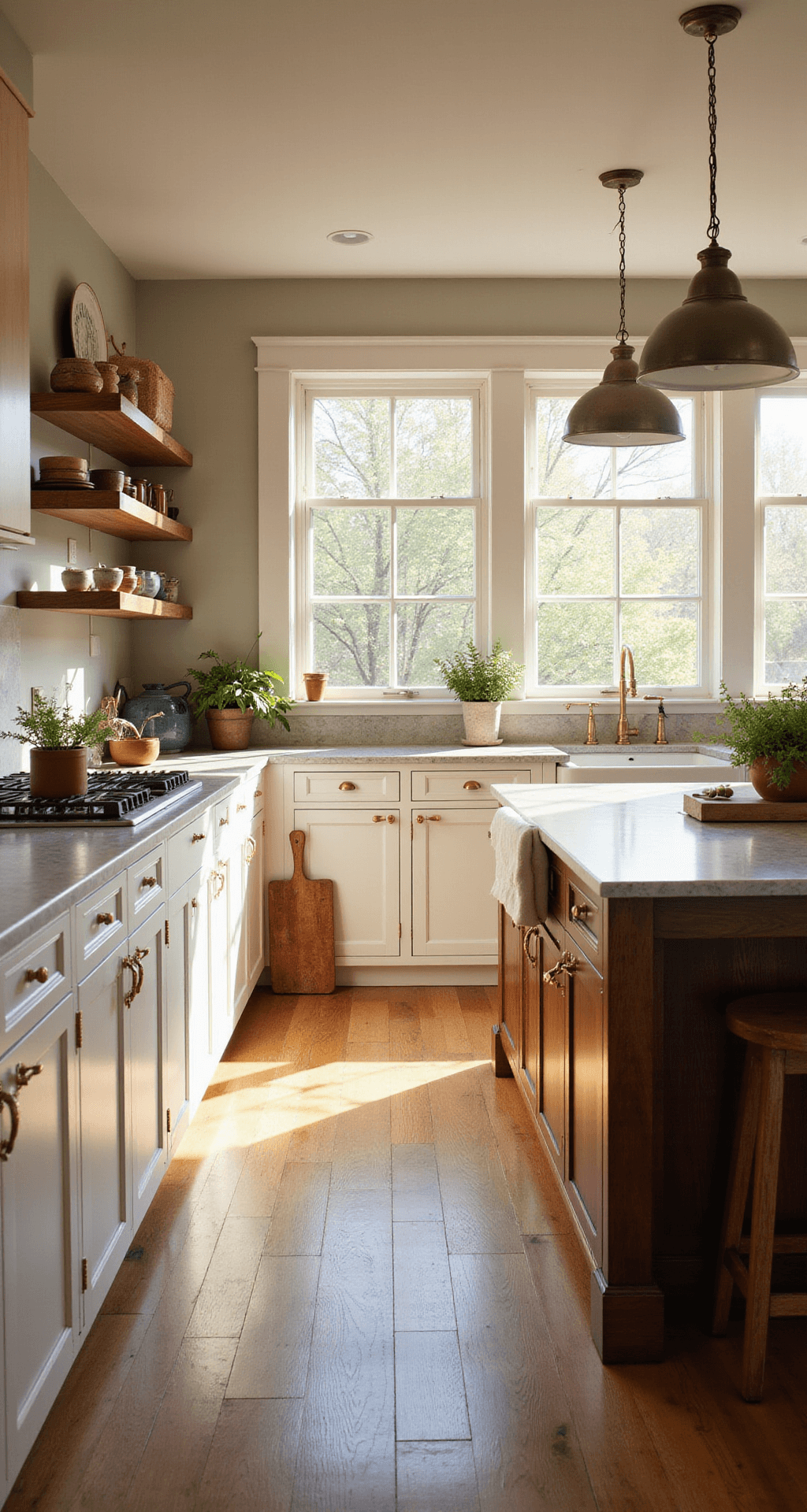 A sunlit farmhouse kitchen featuring white oak floors, creamy Shaker cabinets with brass hardware, a large walnut island with a marble waterfall countertop, vintage pendant lights, open shelving with pottery and cookware, and fresh herbs in terracotta pots, captured from a low corner angle.