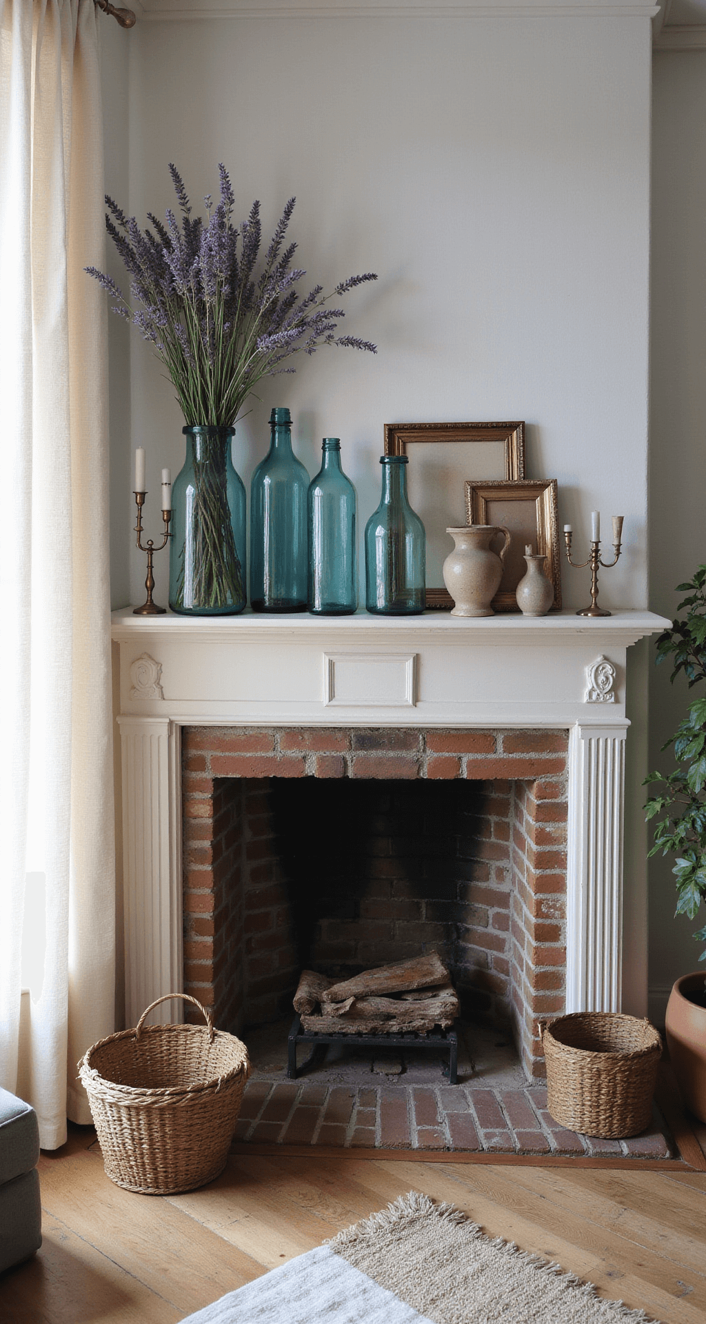 Intimate shot of a cottage-style living room fireplace mantel, featuring vintage blue glass bottles with lavender, antique brass candlesticks, and weathered picture frames, illuminated by soft morning light through sheer linen curtains.