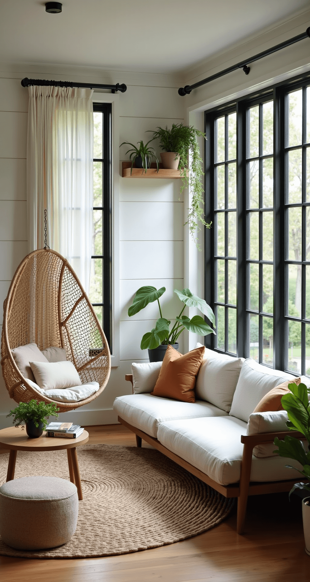 Intimate morning scene in a four-season room featuring white shiplap walls, industrial black-framed windows, a rattan egg chair, greige linen sofa, and a vintage brass coffee table on a handwoven jute rug, with cascading potted plants on floating shelves and morning light filtering through gauzy curtains, captured from a corner angle with a soft bokeh effect on garden views.