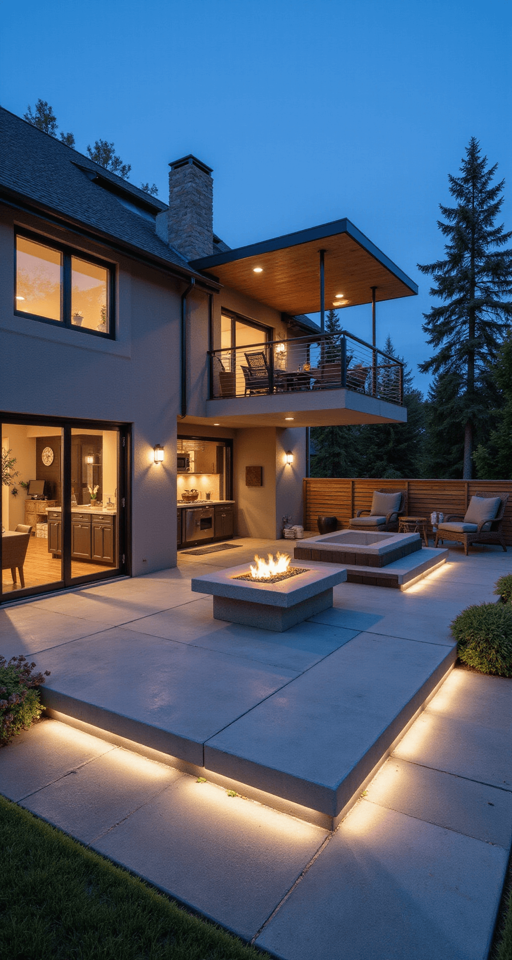A three-tiered concrete patio at dusk featuring smooth light gray concrete and integrated LED strip lighting along elevation changes, with a modern fire pit on the lower level, an outdoor kitchen on the middle tier, and lounge seating on the top level, framed by minimal steel cable railing.