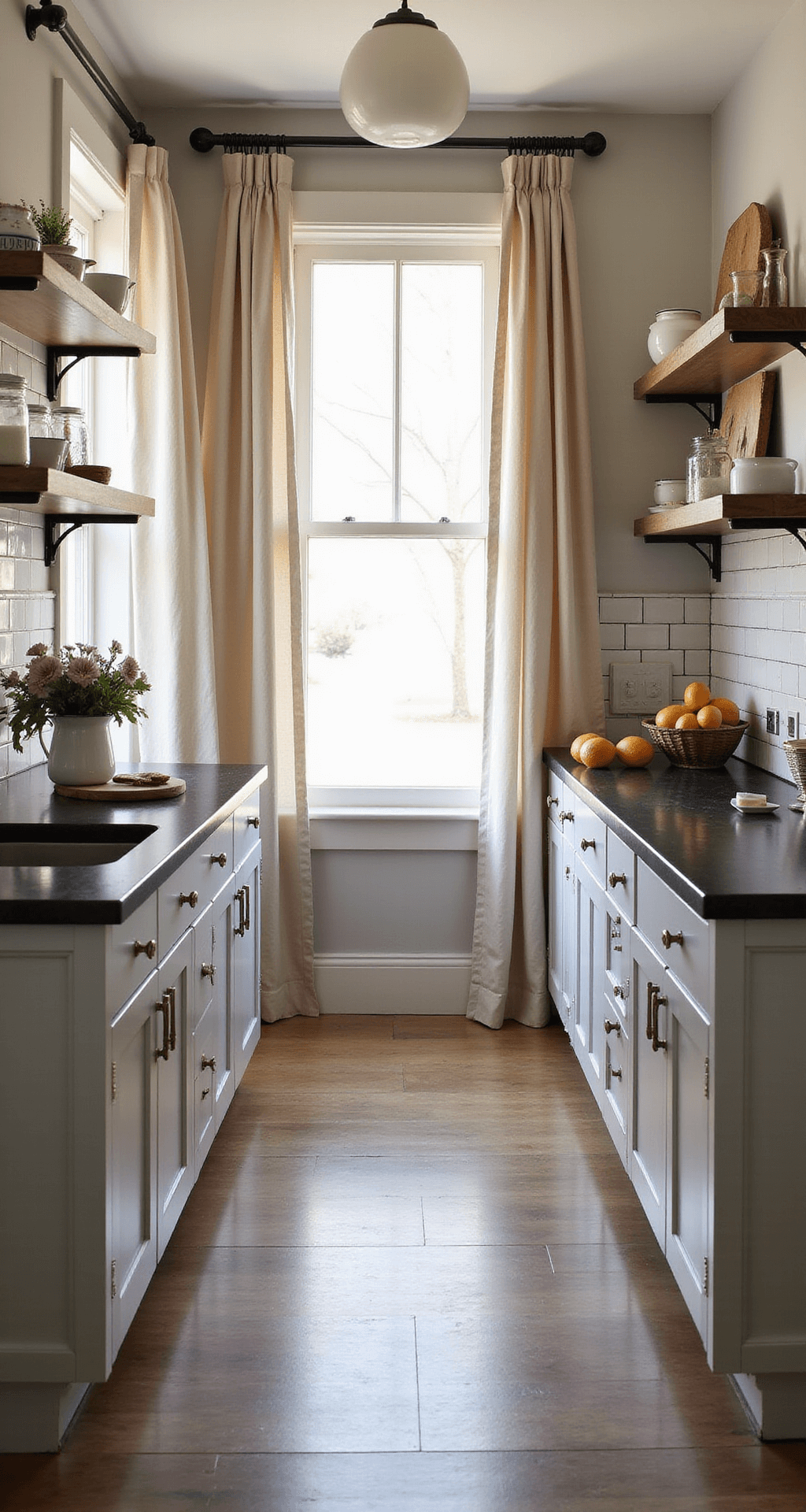 An intimate farmhouse kitchen at dawn, featuring dove-gray beadboard cabinets, black soapstone counters, and open shelving with ironstone and mason jars, enhanced by fresh flowers in an enamel pitcher and scattered citrus fruits.