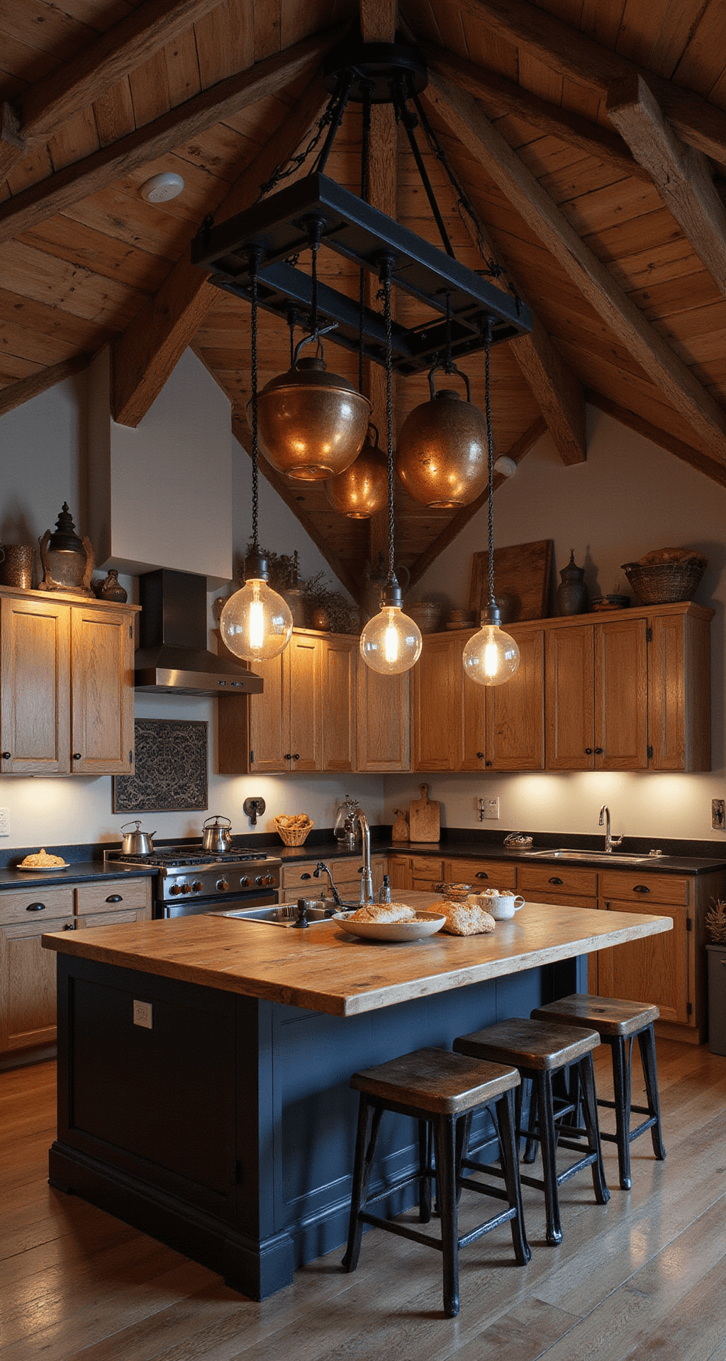 A dramatic twilight view of a spacious cathedral-ceiling kitchen featuring exposed timber beams, weathered oak cabinets with black iron hardware, a central black steel and reclaimed wood island with seating, and gleaming copper pots from an elevated perspective, illuminated by Edison bulb pendants and uplighting, with vintage scales and bread boards as props.