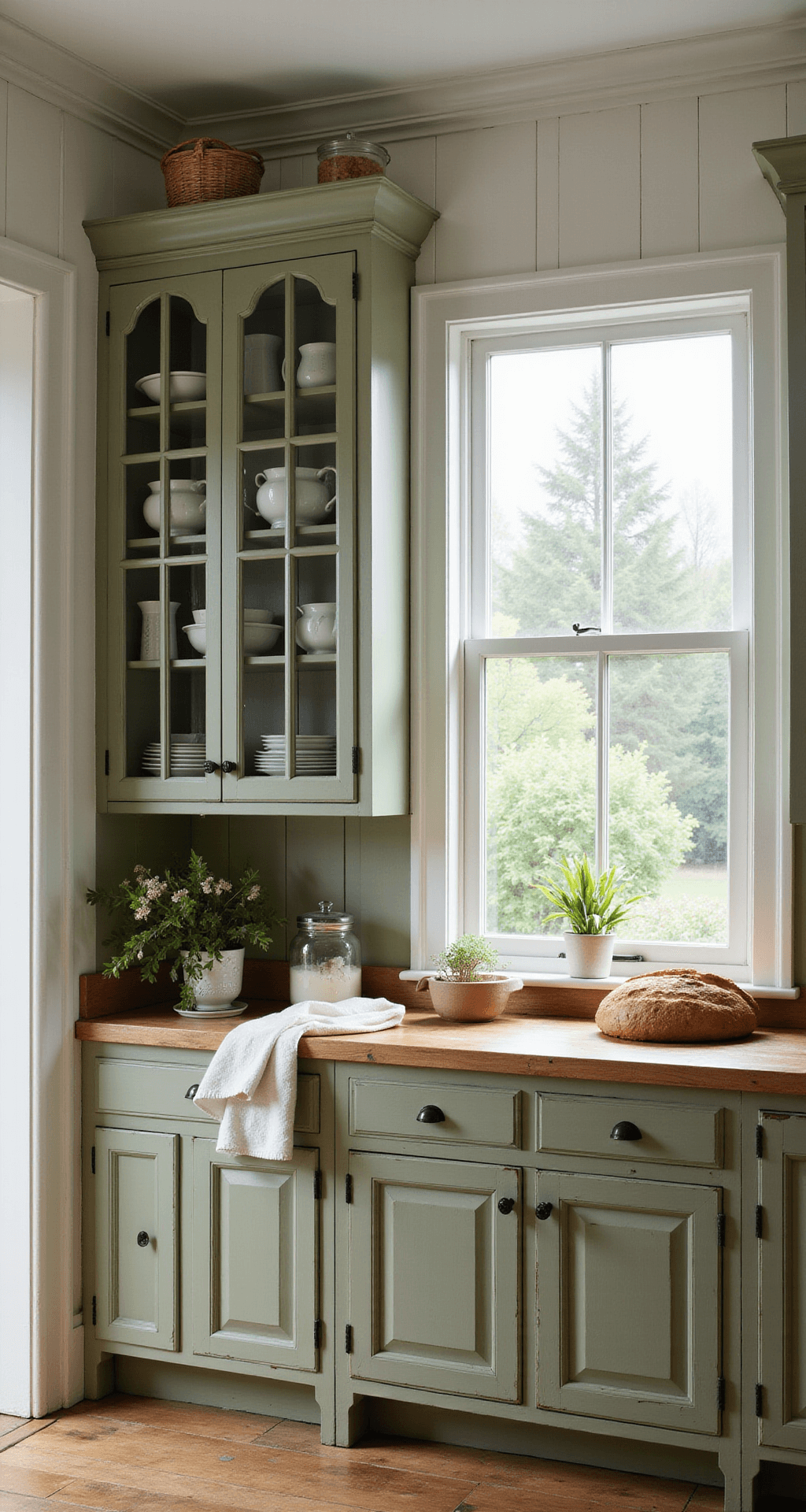 A cozy breakfast nook featuring sage green lower cabinets and glass-front upper cabinets displaying collected china, with butcher block countertops and white planked walls leading to a coffered ceiling. A Dutch door opens to a garden view, with linen tea towels and freshly baked bread accentuating the warm, inviting atmosphere.