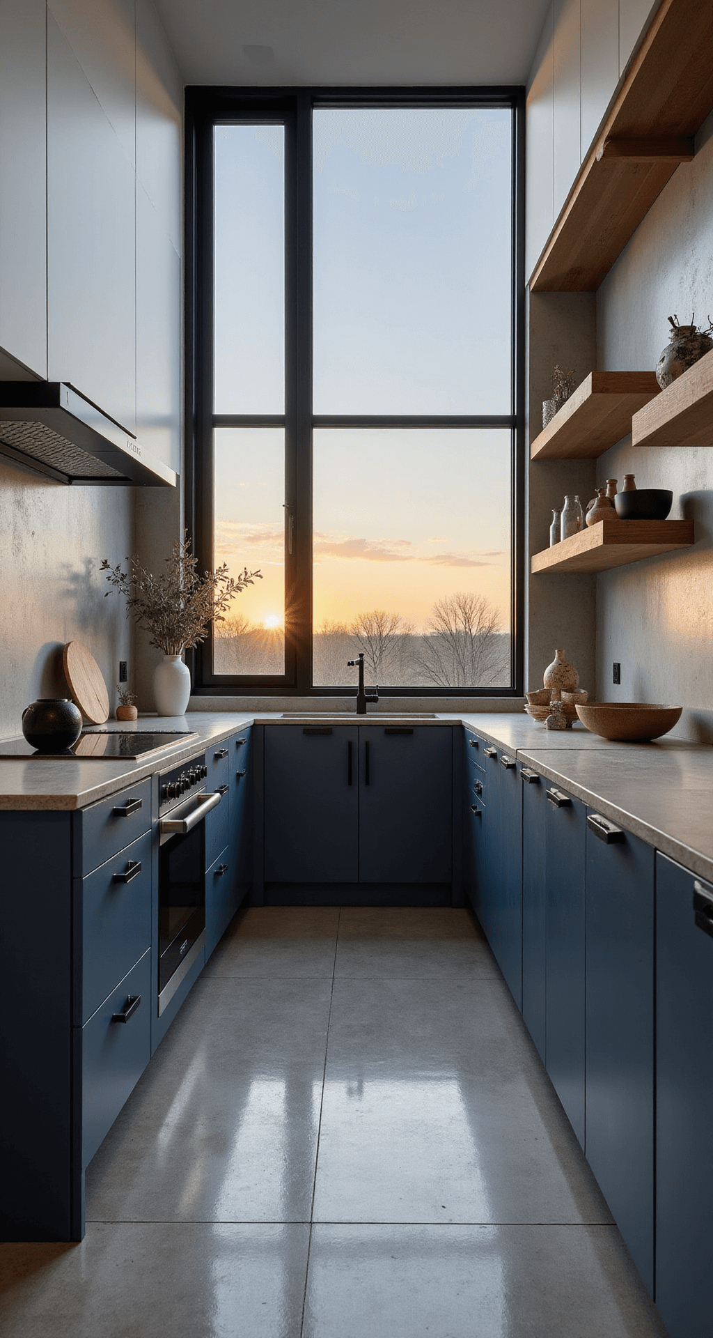 A modern farmhouse kitchen at dusk featuring navy blue lower cabinets and white upper cabinets with matte black hardware, concrete countertops, and floating wood shelves. Dramatic black steel windows frame a sunset, and the scene is styled minimally with geometric pottery and sleek appliances.