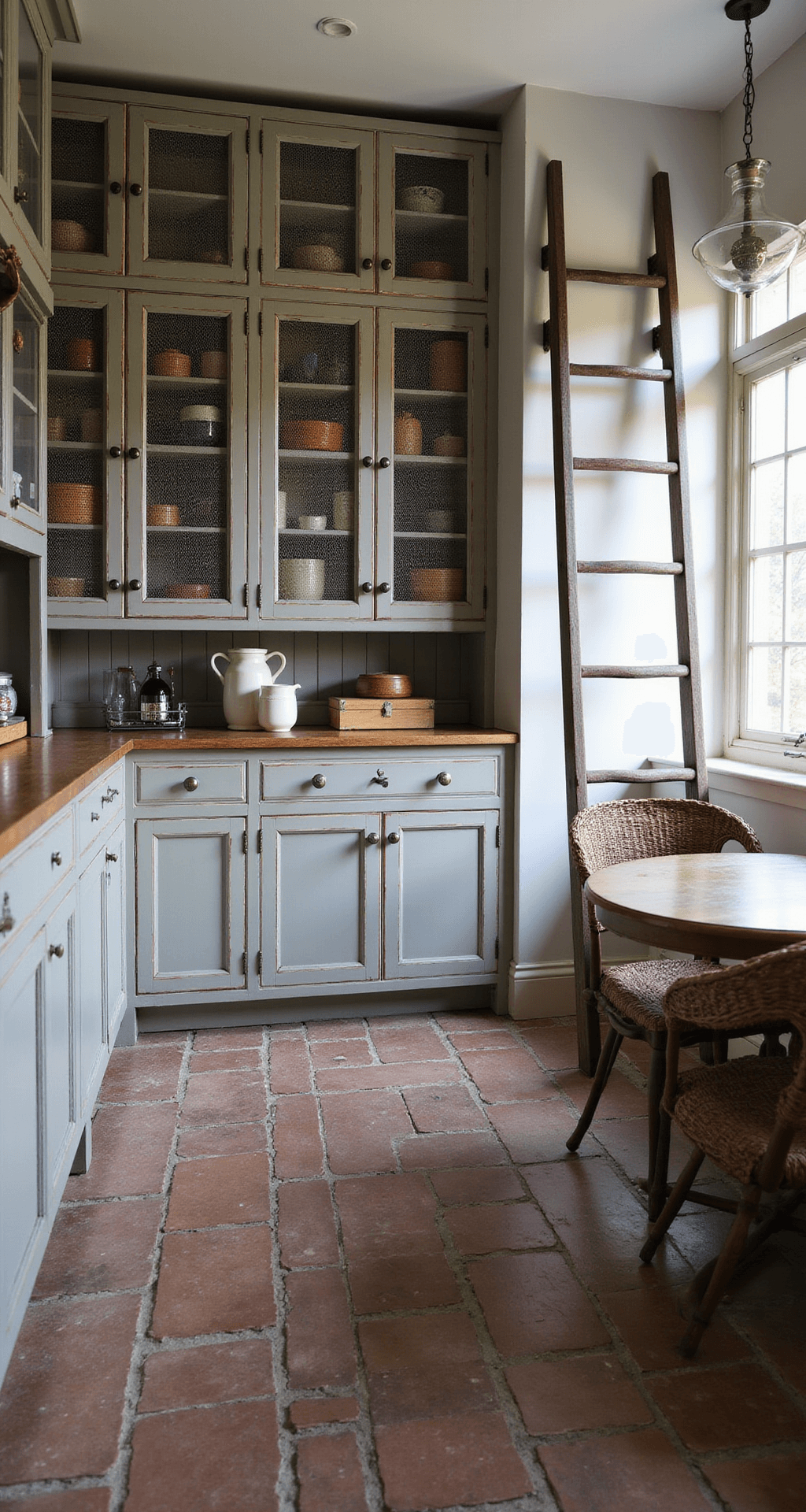 A close-up of a rustic luxe kitchen featuring a 10ft pantry wall with distressed taupe cabinets, chicken wire inserts, and antique glass knobs, complemented by herringbone brick floors and a vintage rolling ladder, illuminated by morning light casting dramatic shadows, with vintage canisters and woven baskets for styling.