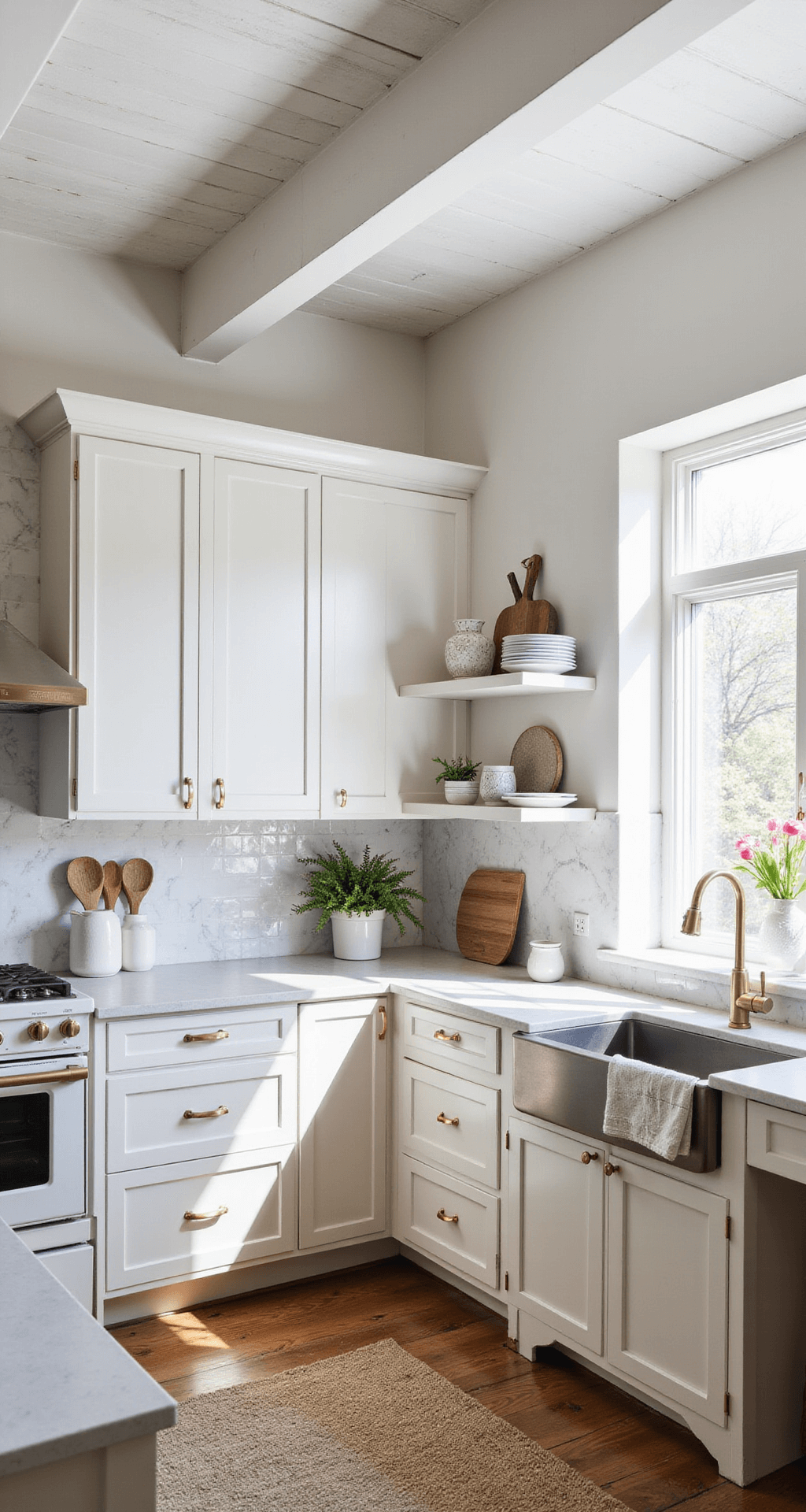 Light-filled corner kitchen with white oak cabinets and marble backsplash, featuring brushed gold fixtures and industrial windows, shot from above to highlight the geometric layout and styled with artisanal ceramics and vintage linens.